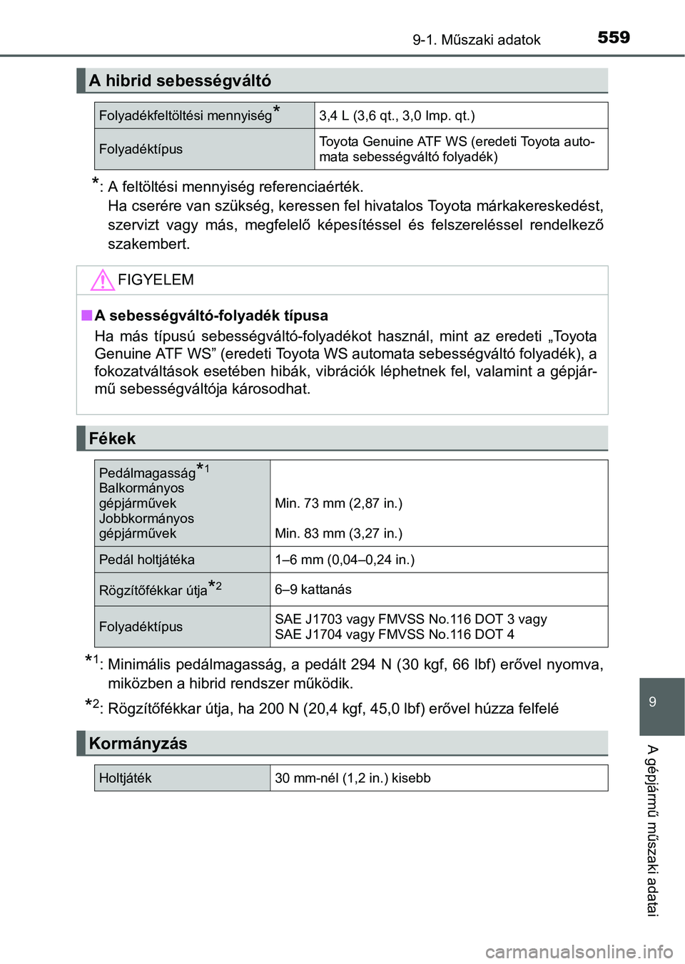 TOYOTA AURIS HYBRID 2016 Kezelési útmutató (in Hungarian) 5599-1. Műszaki adatok
9
A gépjármű műszaki adatai
*: A feltöltési mennyiség referenciaérték.
Ha cserére van szükség, keressen fel hivatalos Toyota márkakereskedést,
szervizt vagy más, TOYOTA AURIS HYBRID 2016 Kezelési útmutató (in Hungarian) 5599-1. Műszaki adatok
9
A gépjármű műszaki adatai
*: A feltöltési mennyiség referenciaérték.
Ha cserére van szükség, keressen fel hivatalos Toyota márkakereskedést,
szervizt vagy más,