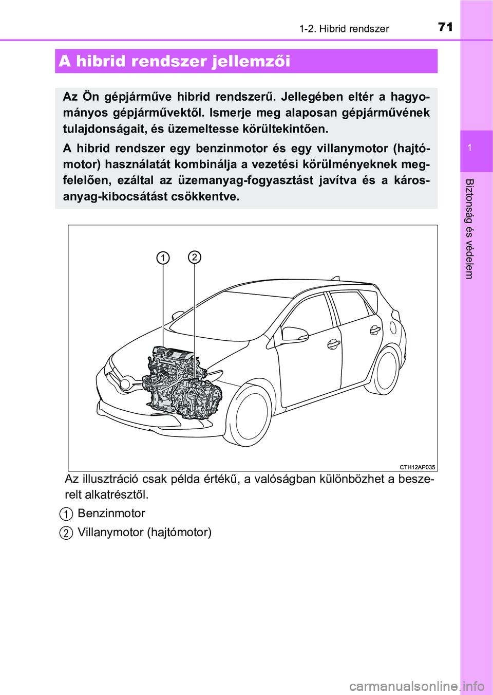 TOYOTA AURIS HYBRID 2016 Kezelési útmutató (in Hungarian) 71
1
Biztonság és védelem
1-2. Hibrid rendszer
Az illusztráció csak példa értékű, a valóságban különbözhet a besze-
relt alkatrésztől.
Benzinmotor
Villanymotor (hajtómotor)
A hibrid r TOYOTA AURIS HYBRID 2016 Kezelési útmutató (in Hungarian) 71
1
Biztonság és védelem
1-2. Hibrid rendszer
Az illusztráció csak példa értékű, a valóságban különbözhet a besze-
relt alkatrésztől.
Benzinmotor
Villanymotor (hajtómotor)
A hibrid r