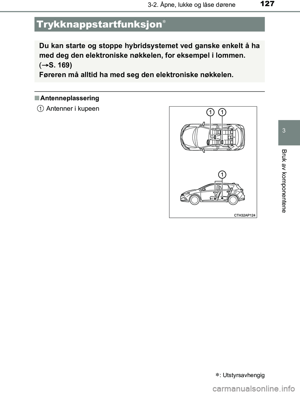 TOYOTA AURIS HYBRID 2016 Instruksjoner for bruk (in Norwegian) 1273-2. Åpne, lukke og låse dørene
UK AURIS_HV_HB_EE (OM12L07NO)
3
Bruk av komponentene
nAntenneplassering
Trykknappstartfunksjon
: Utstyrsavhengig
Du kan starte og stoppe hybridsystemet ved TOYOTA AURIS HYBRID 2016 Instruksjoner for bruk (in Norwegian) 1273-2. Åpne, lukke og låse dørene
UK AURIS_HV_HB_EE (OM12L07NO)
3
Bruk av komponentene
nAntenneplassering
Trykknappstartfunksjon
: Utstyrsavhengig
Du kan starte og stoppe hybridsystemet ved