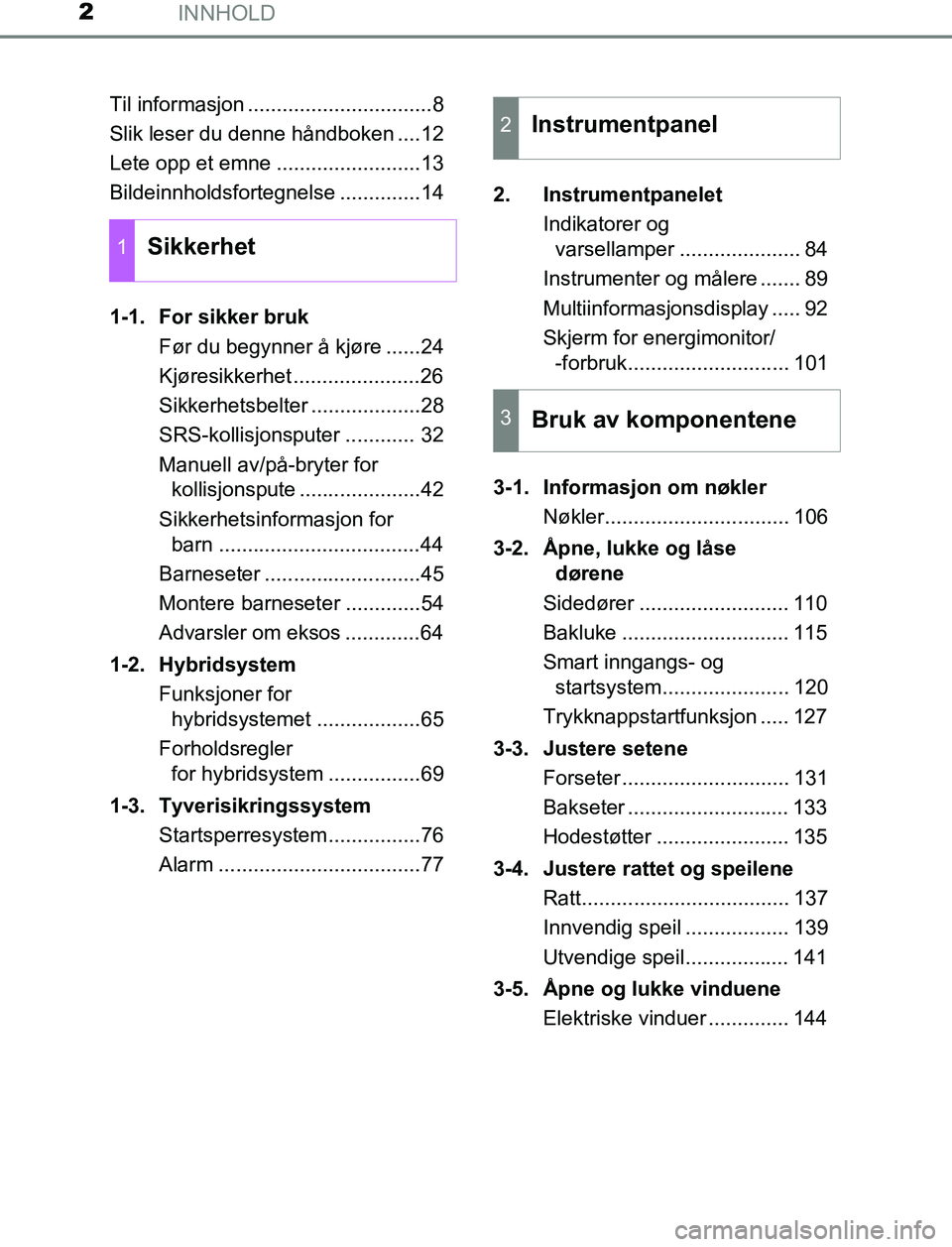 TOYOTA AURIS HYBRID 2016 Instruksjoner for bruk (in Norwegian) INNHOLD2
UK AURIS_HV_HB_EE (OM12L07NO)Til informasjon ................................8
Slik leser du denne håndboken ....12
Lete opp et emne .........................13
Bildeinnholdsfortegnelse .... TOYOTA AURIS HYBRID 2016 Instruksjoner for bruk (in Norwegian) INNHOLD2
UK AURIS_HV_HB_EE (OM12L07NO)Til informasjon ................................8
Slik leser du denne håndboken ....12
Lete opp et emne .........................13
Bildeinnholdsfortegnelse ....