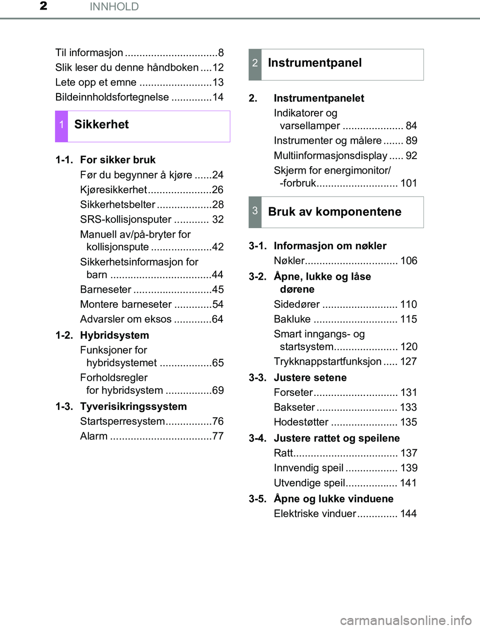 TOYOTA AURIS HYBRID 2016  Instruksjoner for bruk (in Norwegian) INNHOLD2
UK AURIS_HV_HB_EE (OM12L07NO)Til informasjon ................................8
Slik leser du denne håndboken ....12
Lete opp et emne .........................13
Bildeinnholdsfortegnelse ....