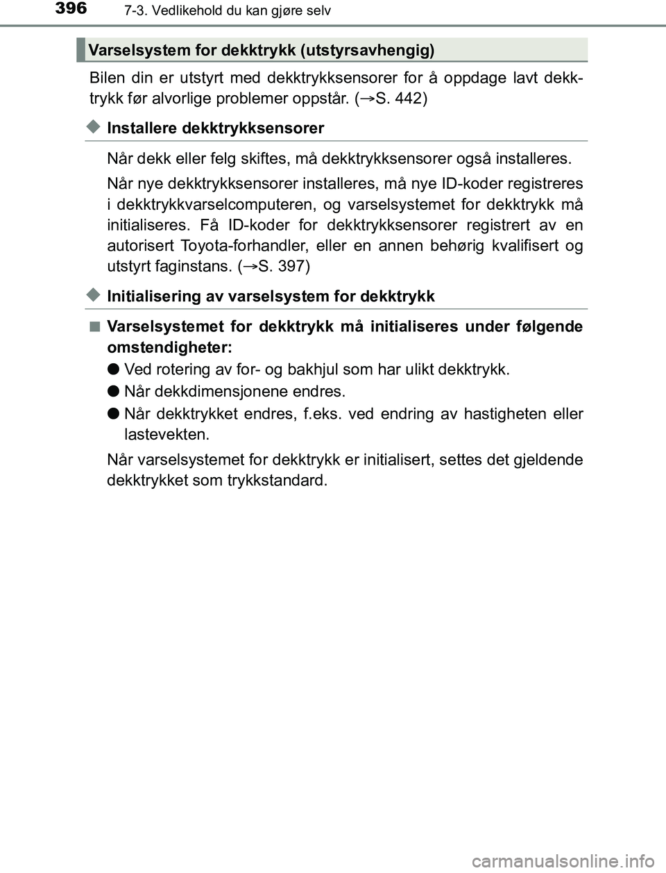 TOYOTA AURIS HYBRID 2016 Instruksjoner for bruk (in Norwegian) 3967-3. Vedlikehold du kan gjøre selv
UK AURIS_HV_HB_EE (OM12L07NO)
Bilen din er utstyrt med dekktrykksensorer for å oppdage lavt dekk-
trykk før alvorlige problemer oppstår. (S. 442)
uInstalle TOYOTA AURIS HYBRID 2016 Instruksjoner for bruk (in Norwegian) 3967-3. Vedlikehold du kan gjøre selv
UK AURIS_HV_HB_EE (OM12L07NO)
Bilen din er utstyrt med dekktrykksensorer for å oppdage lavt dekk-
trykk før alvorlige problemer oppstår. (S. 442)
uInstalle