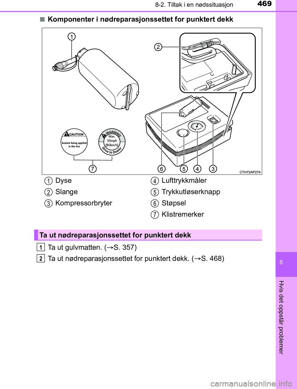TOYOTA AURIS HYBRID 2016 Instruksjoner for bruk (in Norwegian) 4698-2. Tiltak i en nødssituasjon
UK AURIS_HV_HB_EE (OM12L07NO)
8
Hvis det oppstår problemer
nKomponenter i nødreparasjonssettet for punktert dekk
Ta ut gulvmatten. (S. 357)
Ta ut nødreparasjon TOYOTA AURIS HYBRID 2016 Instruksjoner for bruk (in Norwegian) 4698-2. Tiltak i en nødssituasjon
UK AURIS_HV_HB_EE (OM12L07NO)
8
Hvis det oppstår problemer
nKomponenter i nødreparasjonssettet for punktert dekk
Ta ut gulvmatten. (S. 357)
Ta ut nødreparasjon