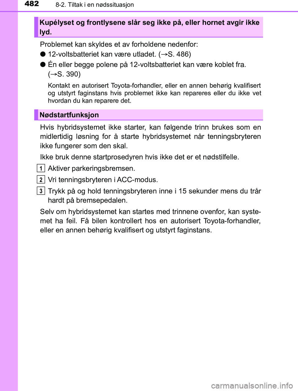TOYOTA AURIS HYBRID 2016 Instruksjoner for bruk (in Norwegian) 4828-2. Tiltak i en nødssituasjon
UK AURIS_HV_HB_EE (OM12L07NO)
Problemet kan skyldes et av forholdene nedenfor:
l12-voltsbatteriet kan være utladet. ( S. 486)
l Én eller begge polene på 12-vol TOYOTA AURIS HYBRID 2016 Instruksjoner for bruk (in Norwegian) 4828-2. Tiltak i en nødssituasjon
UK AURIS_HV_HB_EE (OM12L07NO)
Problemet kan skyldes et av forholdene nedenfor:
l12-voltsbatteriet kan være utladet. ( S. 486)
l Én eller begge polene på 12-vol