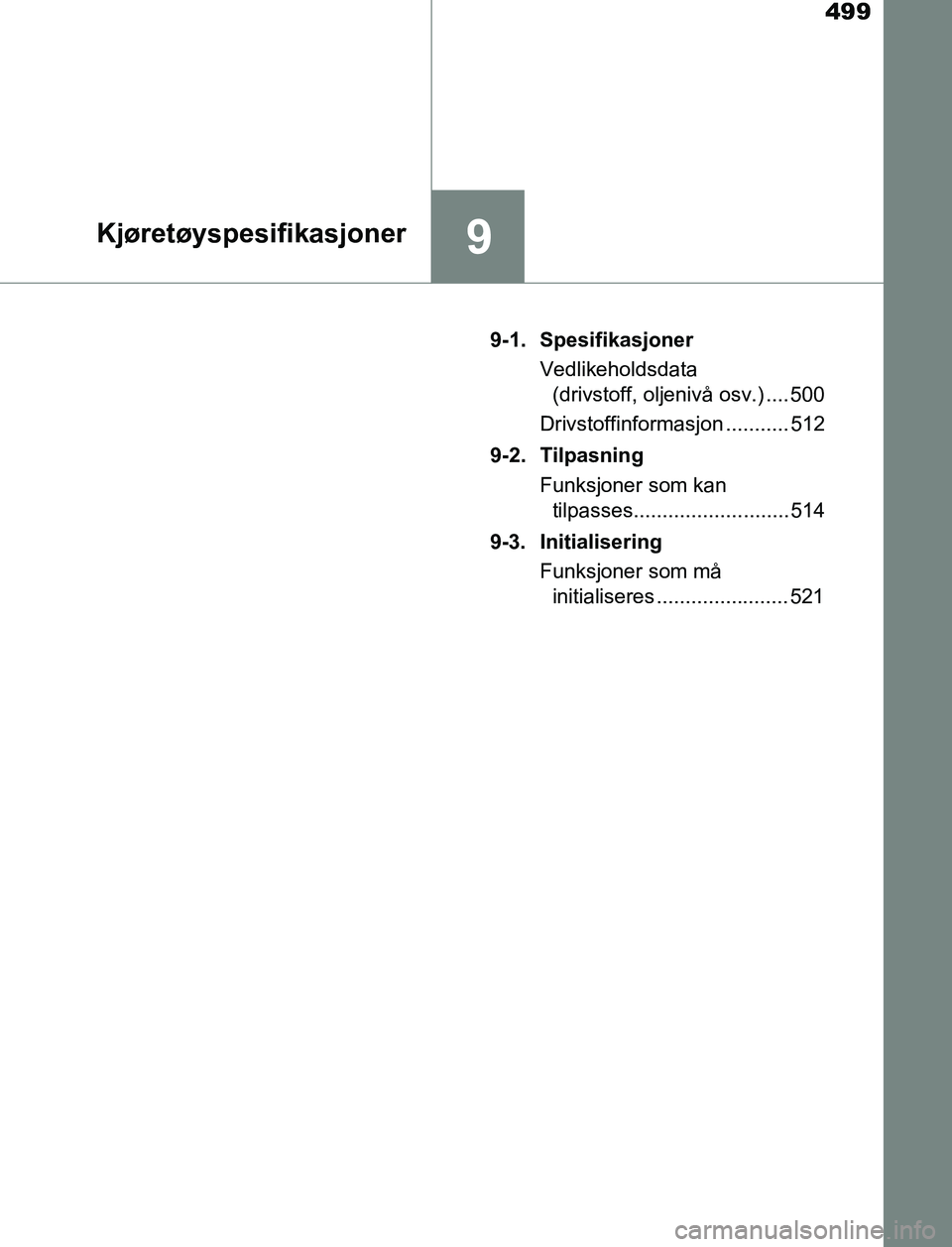 TOYOTA AURIS HYBRID 2016 Instruksjoner for bruk (in Norwegian) 499
9Kjøretøyspesifikasjoner
UK AURIS_HV_HB_EE (OM12L07NO)9-1. Spesifikasjoner
Vedlikeholdsdata (drivstoff, oljenivå osv.) .... 500
Drivstoffinformasjon ........... 512
9-2. Tilpasning Funksjoner s TOYOTA AURIS HYBRID 2016 Instruksjoner for bruk (in Norwegian) 499
9Kjøretøyspesifikasjoner
UK AURIS_HV_HB_EE (OM12L07NO)9-1. Spesifikasjoner
Vedlikeholdsdata (drivstoff, oljenivå osv.) .... 500
Drivstoffinformasjon ........... 512
9-2. Tilpasning Funksjoner s