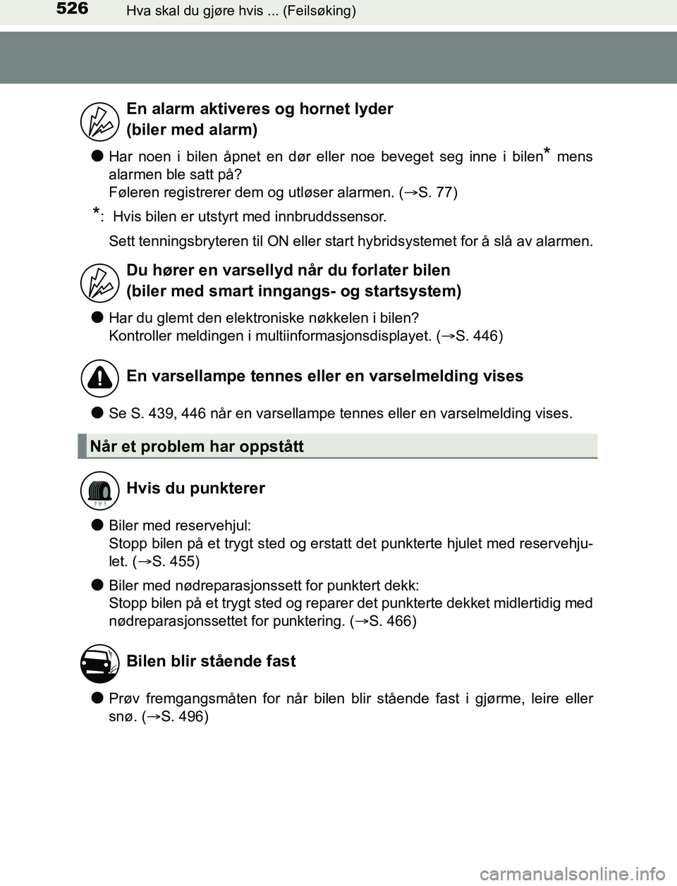 TOYOTA AURIS HYBRID 2016 Instruksjoner for bruk (in Norwegian) 526Hva skal du gjøre hvis ... (Feilsøking)
UK AURIS_HV_HB_EE (OM12L07NO)
lHar noen i bilen åpnet en dør eller noe beveget seg inne i bilen* mens
alarmen ble satt på?
Føleren registrerer dem og TOYOTA AURIS HYBRID 2016 Instruksjoner for bruk (in Norwegian) 526Hva skal du gjøre hvis ... (Feilsøking)
UK AURIS_HV_HB_EE (OM12L07NO)
lHar noen i bilen åpnet en dør eller noe beveget seg inne i bilen* mens
alarmen ble satt på?
Føleren registrerer dem og