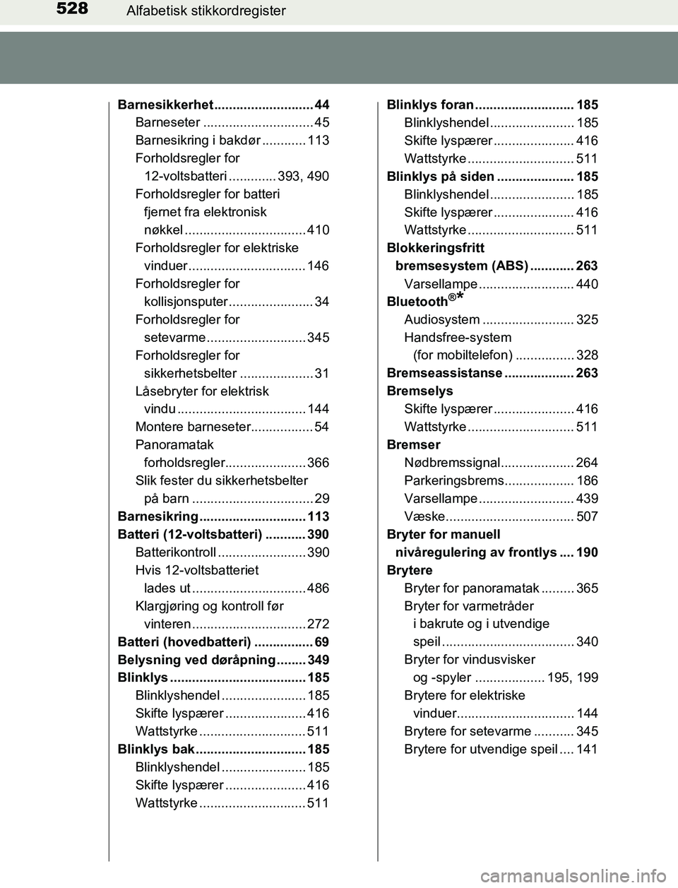 TOYOTA AURIS HYBRID 2016 Instruksjoner for bruk (in Norwegian) 528Alfabetisk stikkordregister
UK AURIS_HV_HB_EE (OM12L07NO)
Barnesikkerhet ........................... 44
Barneseter .............................. 45
Barnesikring i bakdør ............ 113
Forholds TOYOTA AURIS HYBRID 2016 Instruksjoner for bruk (in Norwegian) 528Alfabetisk stikkordregister
UK AURIS_HV_HB_EE (OM12L07NO)
Barnesikkerhet ........................... 44
Barneseter .............................. 45
Barnesikring i bakdør ............ 113
Forholds