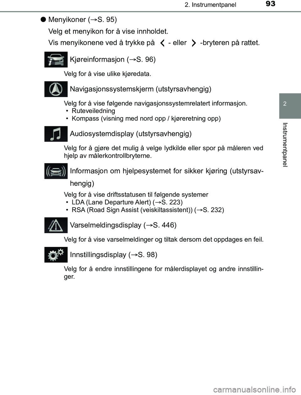 TOYOTA AURIS HYBRID 2016 Instruksjoner for bruk (in Norwegian) 932. Instrumentpanel
UK AURIS_HV_HB_EE (OM12L07NO)
2
Instrumentpanel
lMenyikoner ( S. 95)
Velg et menyikon for å vise innholdet.
Vis menyikonene ved å trykke på - eller -bryteren på rattet.
K TOYOTA AURIS HYBRID 2016 Instruksjoner for bruk (in Norwegian) 932. Instrumentpanel
UK AURIS_HV_HB_EE (OM12L07NO)
2
Instrumentpanel
lMenyikoner ( S. 95)
Velg et menyikon for å vise innholdet.
Vis menyikonene ved å trykke på - eller -bryteren på rattet.
K