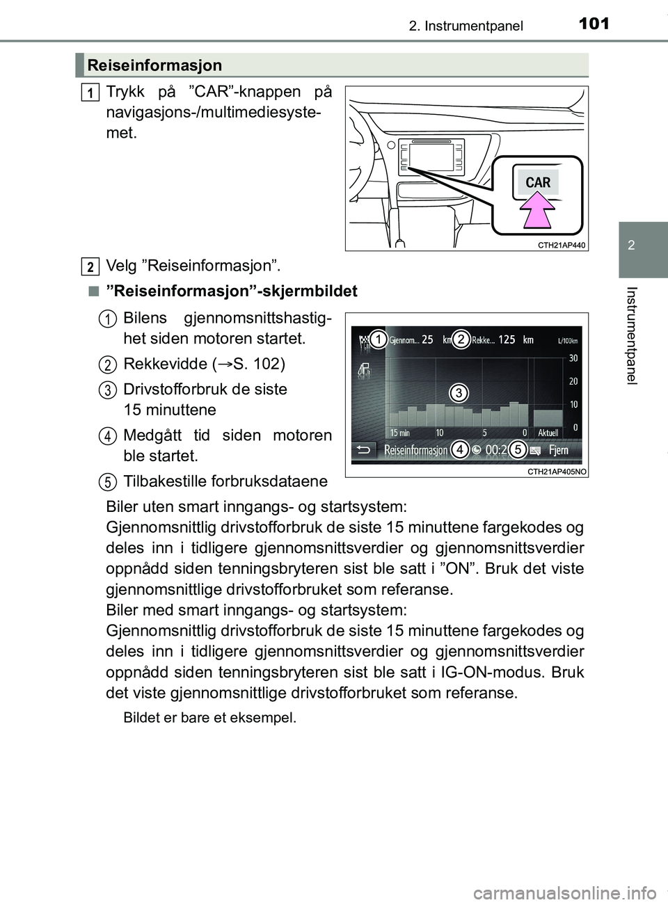TOYOTA AURIS TOURING SPORTS 2017 Instruksjoner for bruk (in Norwegian) 1012. Instrumentpanel
AURIS Touring Sports (OM12L13NO)
2
Instrumentpanel
Trykk på ”CAR”-knappen på
navigasjons-/multimediesyste-
met.
Velg ”Reiseinformasjon”.
n”Reiseinformasjon”-skjermb TOYOTA AURIS TOURING SPORTS 2017 Instruksjoner for bruk (in Norwegian) 1012. Instrumentpanel
AURIS Touring Sports (OM12L13NO)
2
Instrumentpanel
Trykk på ”CAR”-knappen på
navigasjons-/multimediesyste-
met.
Velg ”Reiseinformasjon”.
n”Reiseinformasjon”-skjermb