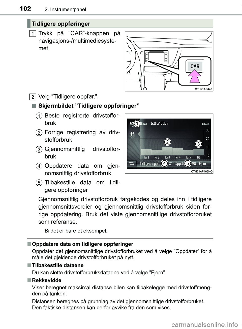 TOYOTA AURIS TOURING SPORTS 2017 Instruksjoner for bruk (in Norwegian) 1022. Instrumentpanel
AURIS Touring Sports (OM12L13NO)
Trykk på ”CAR”-knappen på
navigasjons-/multimediesyste-
met.
Velg ”Tidligere oppfør.”.
nSkjermbildet ”Tidligere oppføringer”Beste TOYOTA AURIS TOURING SPORTS 2017 Instruksjoner for bruk (in Norwegian) 1022. Instrumentpanel
AURIS Touring Sports (OM12L13NO)
Trykk på ”CAR”-knappen på
navigasjons-/multimediesyste-
met.
Velg ”Tidligere oppfør.”.
nSkjermbildet ”Tidligere oppføringer”Beste
