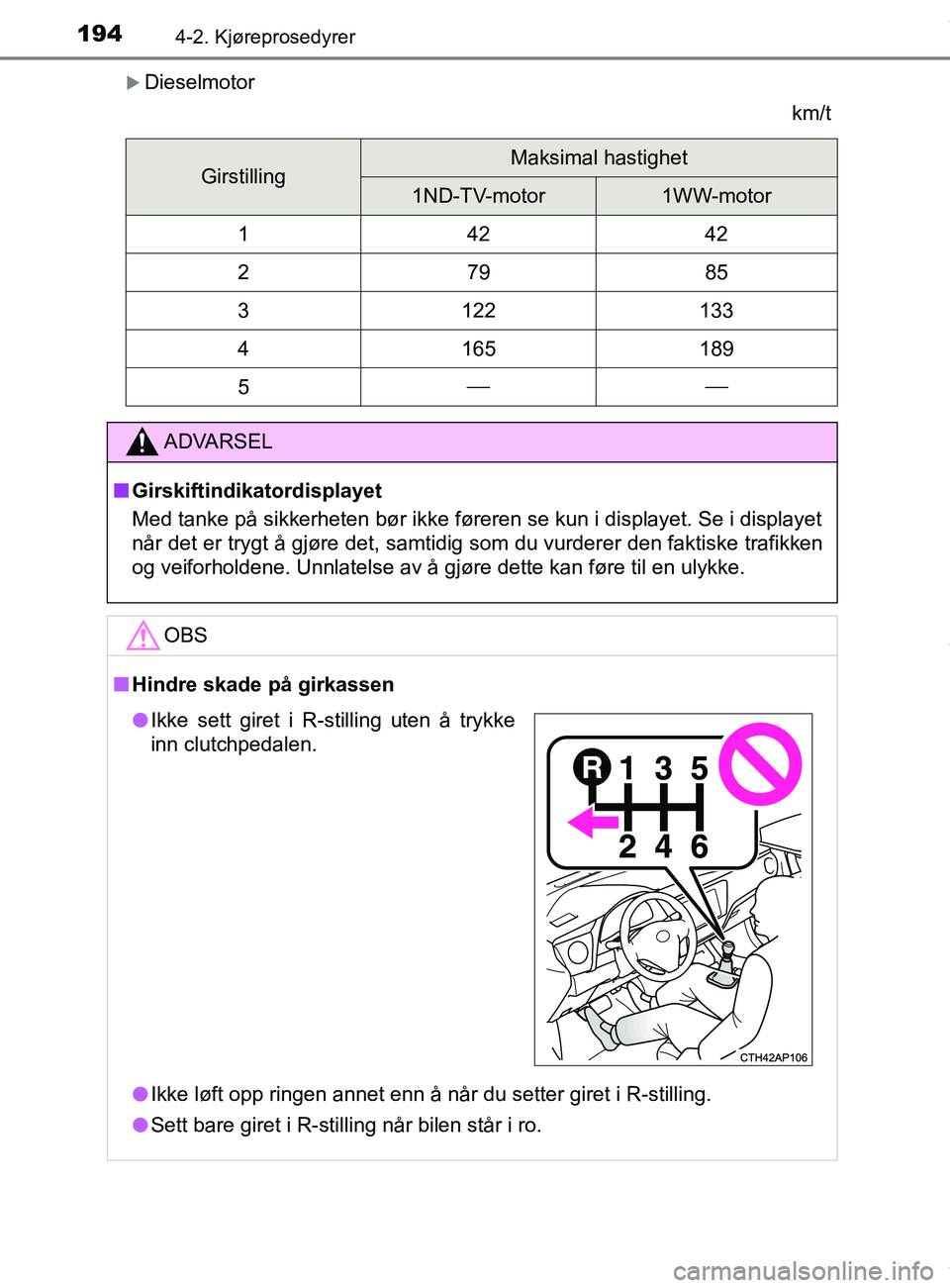 TOYOTA AURIS TOURING SPORTS 2017 Instruksjoner for bruk (in Norwegian) 1944-2. Kjøreprosedyrer
AURIS Touring Sports (OM12L13NO)
Dieselmotorkm/t
GirstillingMaksimal hastighet
1ND-TV-motor1WW-motor
14242
27985
3122133
4165189
5
ADVARSEL
n Girskiftindikatordisplay TOYOTA AURIS TOURING SPORTS 2017 Instruksjoner for bruk (in Norwegian) 1944-2. Kjøreprosedyrer
AURIS Touring Sports (OM12L13NO)
Dieselmotorkm/t
GirstillingMaksimal hastighet
1ND-TV-motor1WW-motor
14242
27985
3122133
4165189
5
ADVARSEL
n Girskiftindikatordisplay