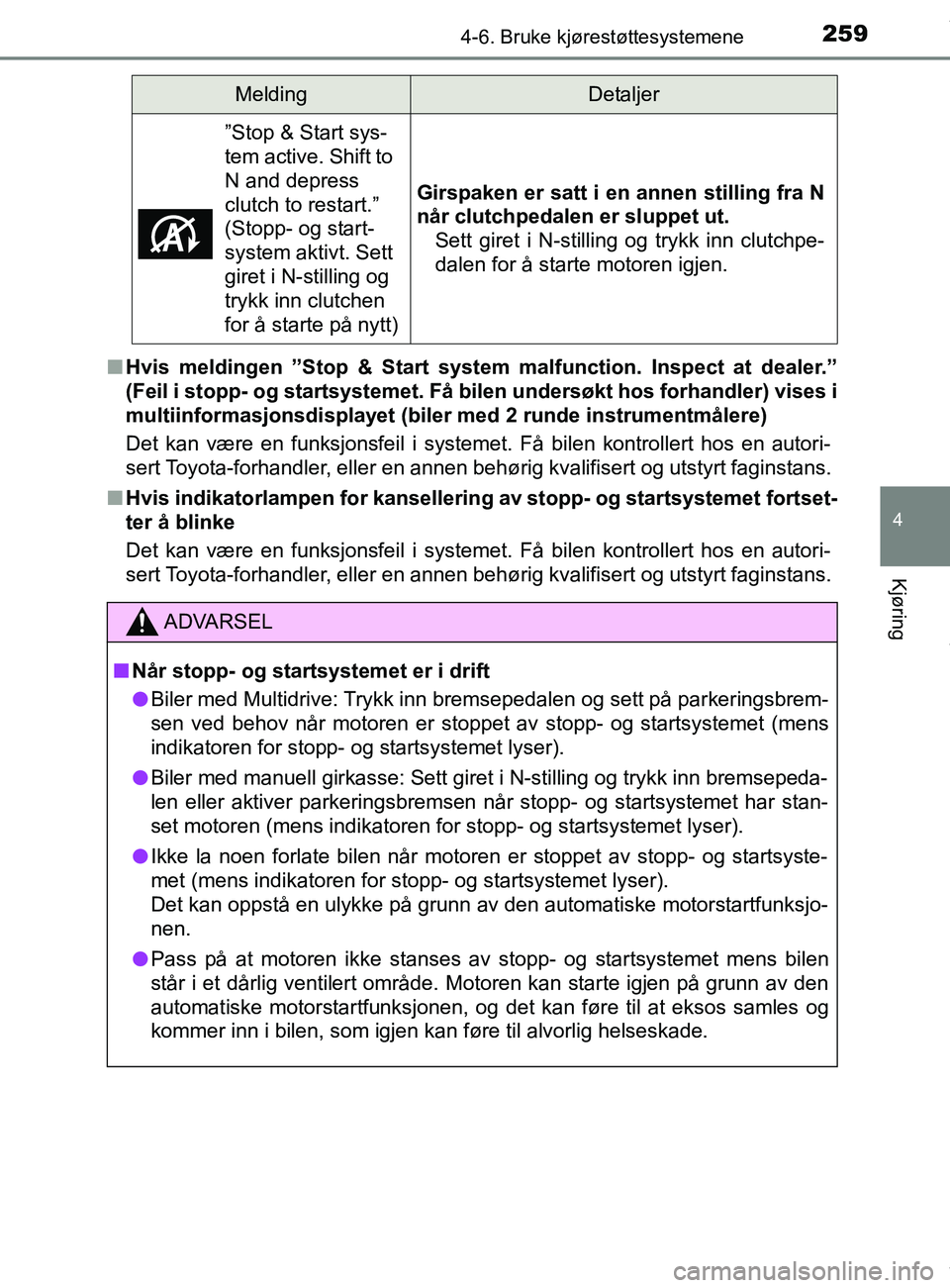 TOYOTA AURIS TOURING SPORTS 2017  Instruksjoner for bruk (in Norwegian) 2594-6. Bruke kjørestøttesystemene
AURIS Touring Sports (OM12L13NO)
4
Kjøring
nHvis meldingen ”Stop & Start system malfunction. Inspect at dealer.”
(Feil i stopp- og startsystemet. Få bilen un