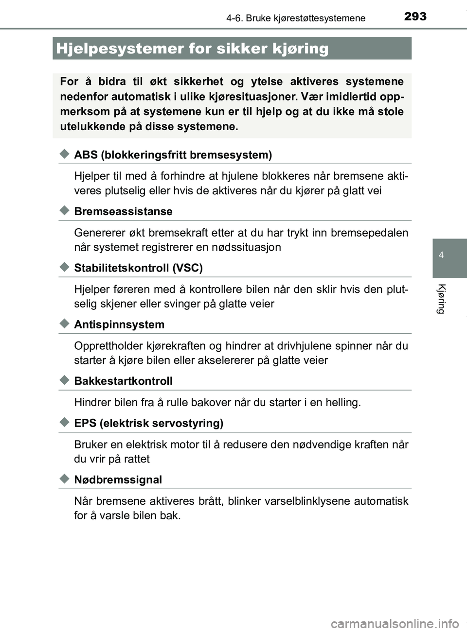 TOYOTA AURIS TOURING SPORTS 2017 Instruksjoner for bruk (in Norwegian) 2934-6. Bruke kjørestøttesystemene
AURIS Touring Sports (OM12L13NO)
4
Kjøring
uABS (blokkeringsfritt bremsesystem)
Hjelper til med å forhindre at hjulene blokkeres når bremsene akti-
veres plutse TOYOTA AURIS TOURING SPORTS 2017 Instruksjoner for bruk (in Norwegian) 2934-6. Bruke kjørestøttesystemene
AURIS Touring Sports (OM12L13NO)
4
Kjøring
uABS (blokkeringsfritt bremsesystem)
Hjelper til med å forhindre at hjulene blokkeres når bremsene akti-
veres plutse