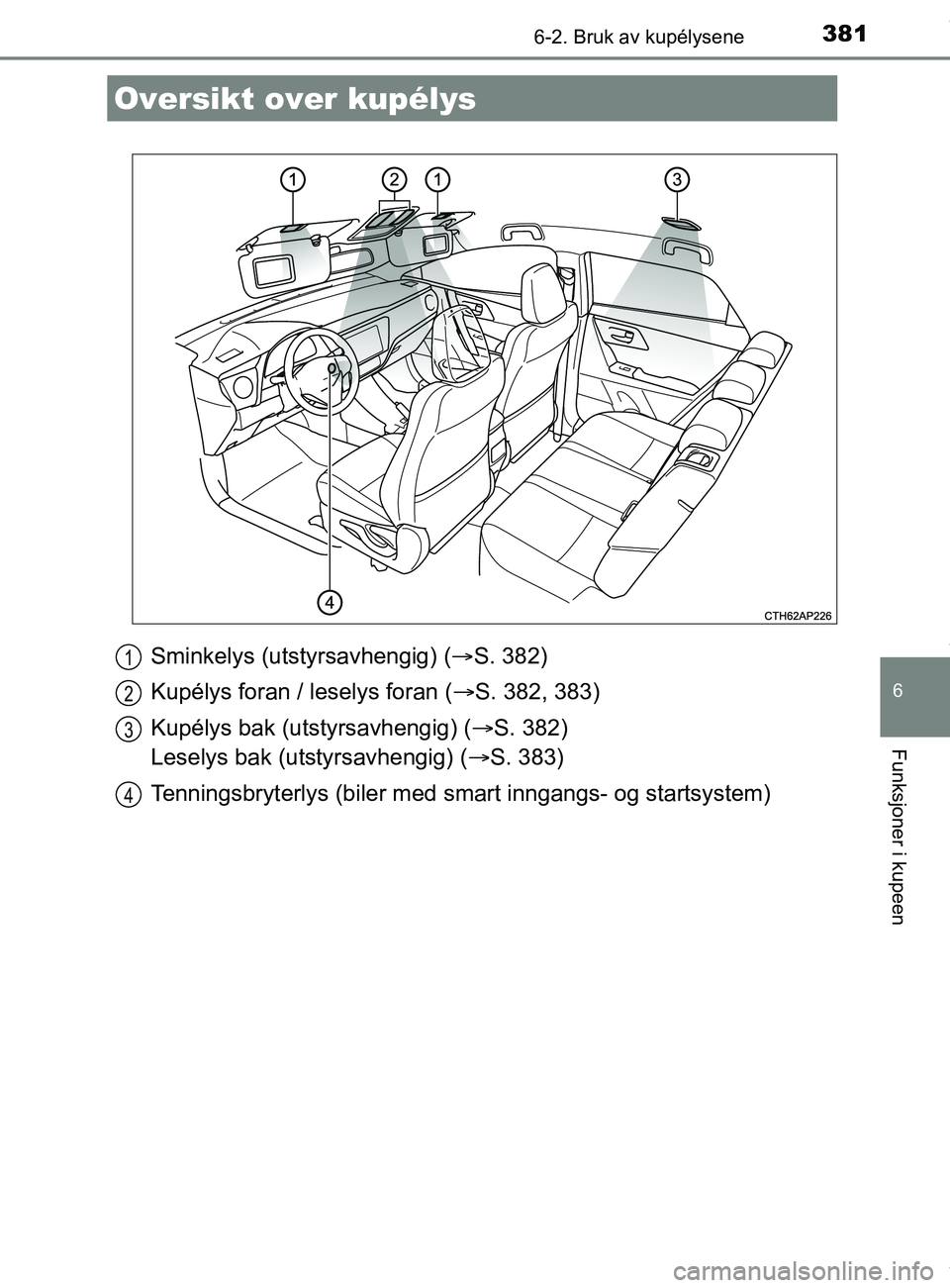 TOYOTA AURIS TOURING SPORTS 2017  Instruksjoner for bruk (in Norwegian) 381
AURIS Touring Sports (OM12L13NO)
6
Funksjoner i kupeen
6-2. Bruk av kupélysene
Sminkelys (utstyrsavhengig) (S. 382)
Kupélys foran / leselys foran ( S. 382, 383)
Kupélys bak (utstyrsavheng