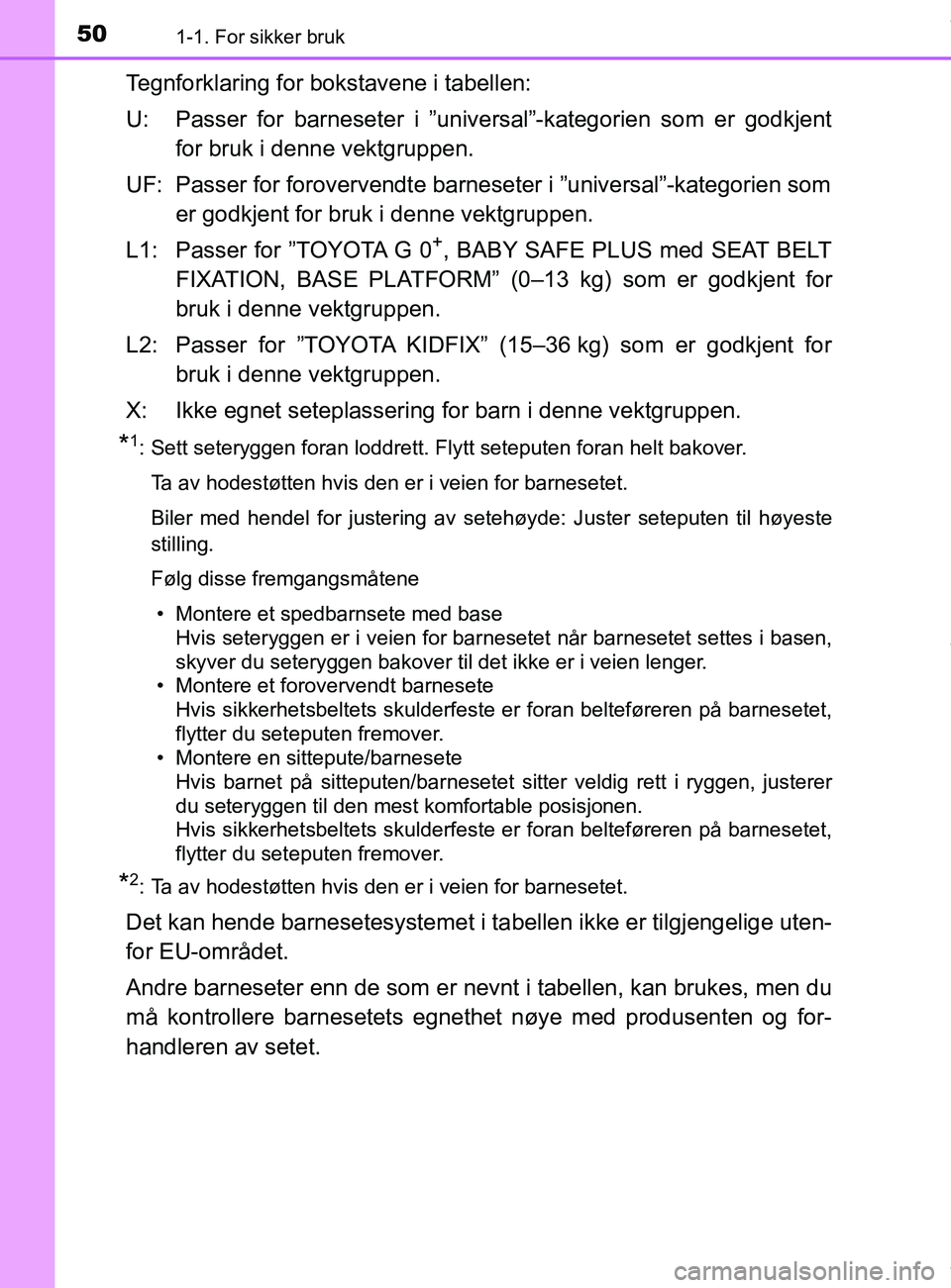 TOYOTA AURIS TOURING SPORTS 2017  Instruksjoner for bruk (in Norwegian) 501-1. For sikker bruk
AURIS Touring Sports (OM12L13NO)
Tegnforklaring for bokstavene i tabellen:
U: Passer for barneseter i ”universal”-kategorien som er godkjentfor bruk i denne vektgruppen.
UF: