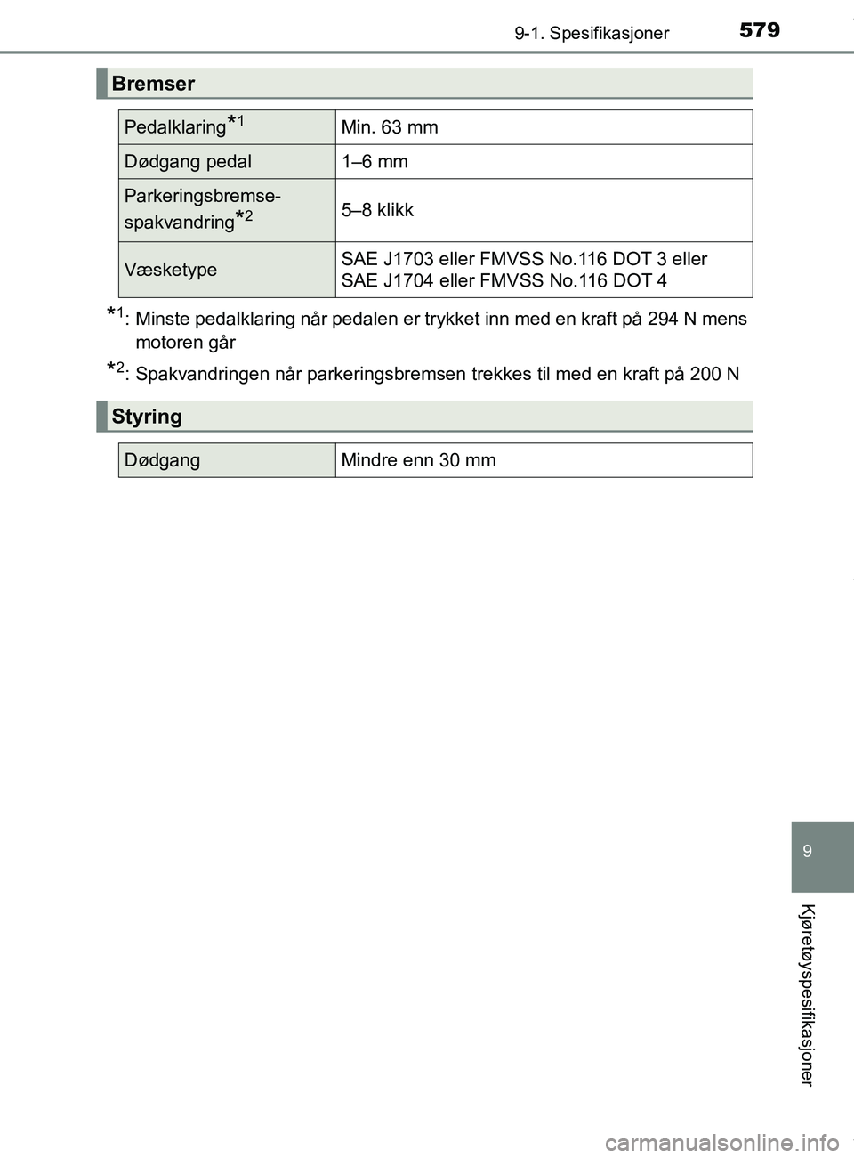 TOYOTA AURIS TOURING SPORTS 2017  Instruksjoner for bruk (in Norwegian) 5799-1. Spesifikasjoner
AURIS Touring Sports (OM12L13NO)
9
Kjøretøyspesifikasjoner
*1: Minste pedalklaring når pedalen er trykket inn med en kraft på 294 N mensmotoren går
*2: Spakvandringen når