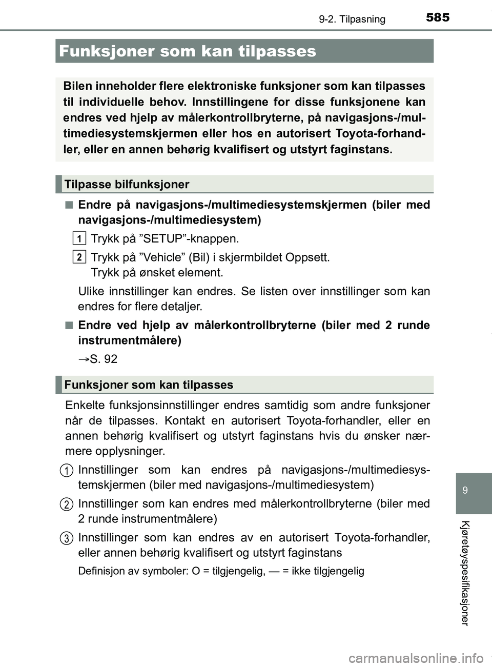 TOYOTA AURIS TOURING SPORTS 2017  Instruksjoner for bruk (in Norwegian) 585
AURIS Touring Sports (OM12L13NO)
9
Kjøretøyspesifikasjoner
9-2. Tilpasning
nEndre på navigasjons-/multimediesystemskjermen (biler med
navigasjons-/mult imediesystem)
Trykk på ”SETUP”-knapp
