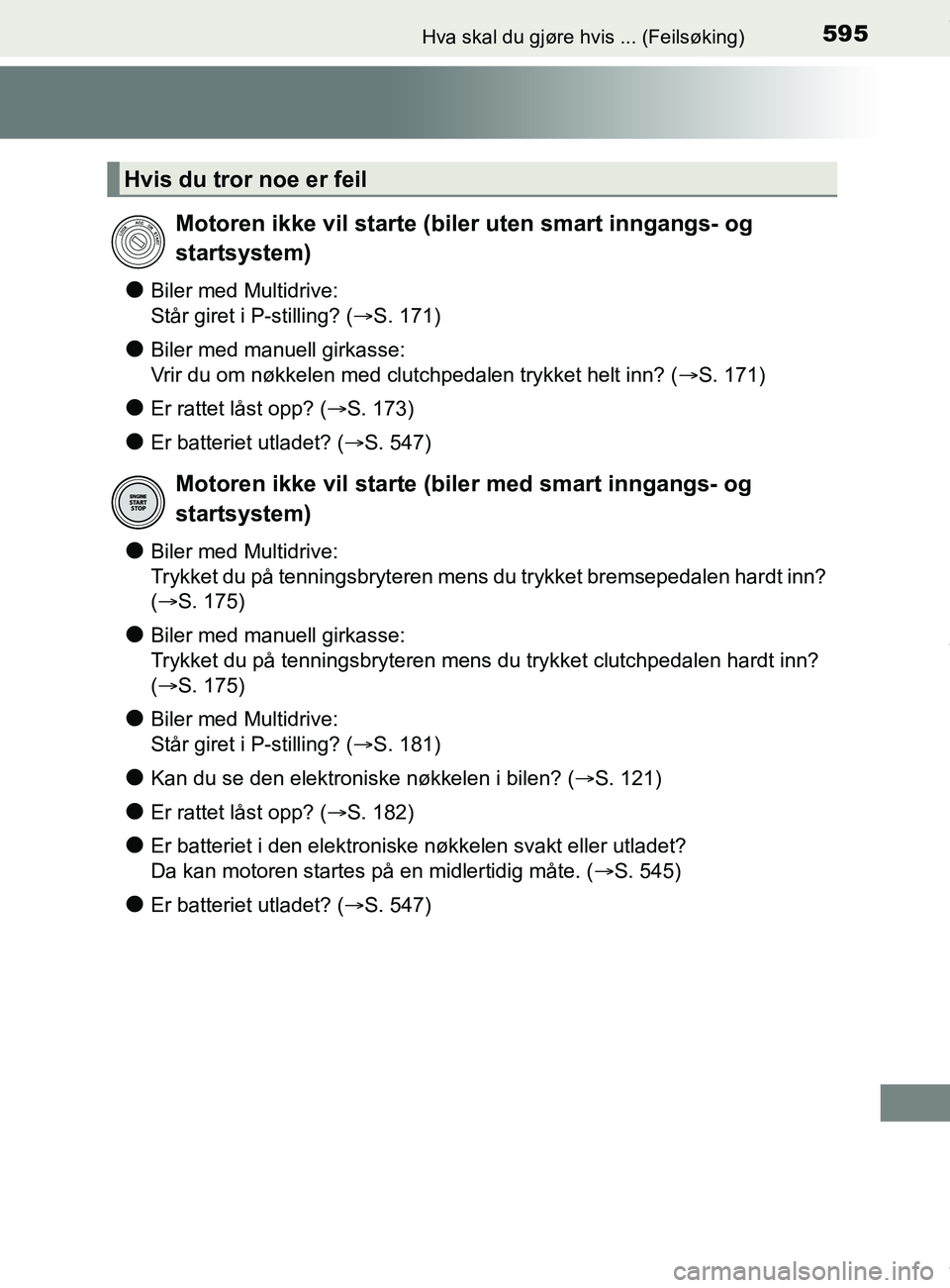 TOYOTA AURIS TOURING SPORTS 2017  Instruksjoner for bruk (in Norwegian) 595Hva skal du gjøre hvis ... (Feilsøking)
AURIS Touring Sports (OM12L13NO)
lBiler med Multidrive:
Står giret i P-stilling? (S. 171)
lBiler med manuell girkasse:
Vrir du om nøkkelen med clutchp
