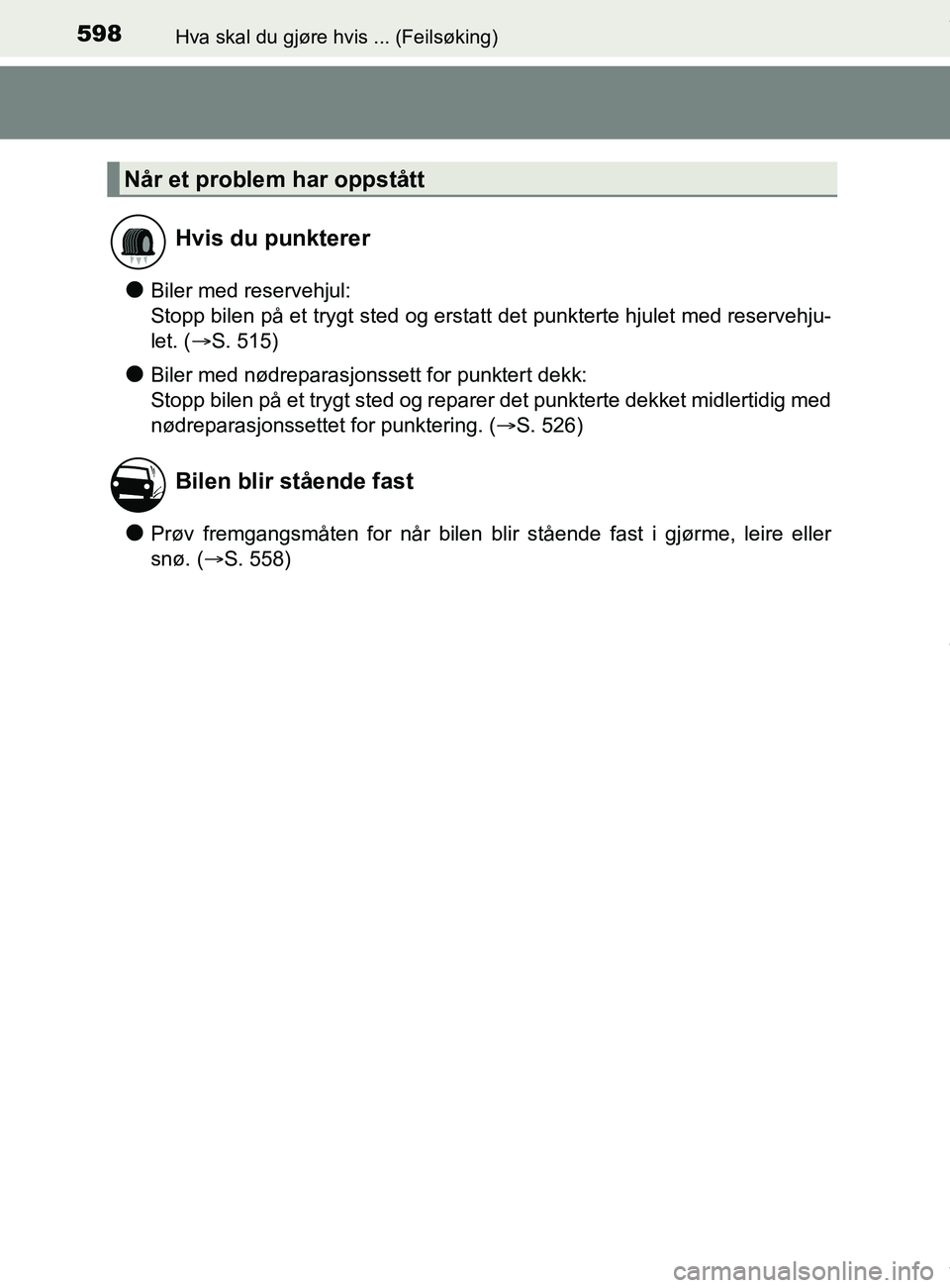 TOYOTA AURIS TOURING SPORTS 2017  Instruksjoner for bruk (in Norwegian) 598Hva skal du gjøre hvis ... (Feilsøking)
AURIS Touring Sports (OM12L13NO)
lBiler med reservehjul:
Stopp bilen på et trygt sted og erstatt det punkterte hjulet med reservehju-
let. (S. 515)
lBi