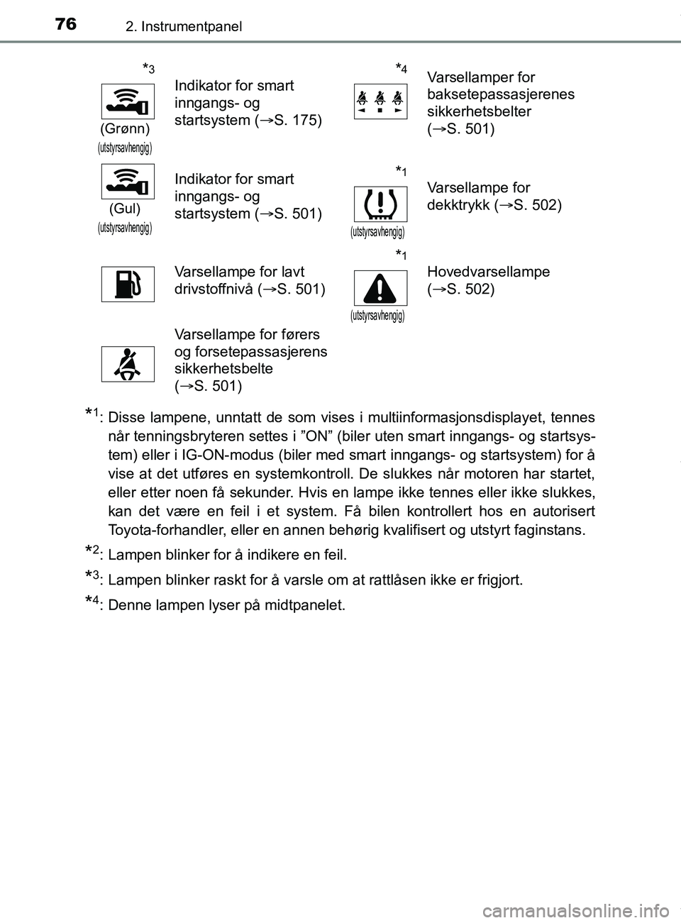 TOYOTA AURIS TOURING SPORTS 2017  Instruksjoner for bruk (in Norwegian) 762. Instrumentpanel
AURIS Touring Sports (OM12L13NO)
*1: Disse lampene, unntatt de som vises i multiinformasjonsdisplayet, tennesnår tenningsbryteren settes i ”ON” (biler uten smart inngangs- og