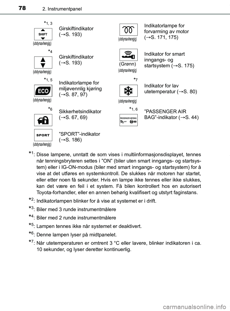 TOYOTA AURIS TOURING SPORTS 2017  Instruksjoner for bruk (in Norwegian) 782. Instrumentpanel
AURIS Touring Sports (OM12L13NO)
*1: Disse lampene, unntatt de som vises i multiinformasjonsdisplayet, tennesnår tenningsbryteren settes i ”ON” (biler uten smart inngangs- og