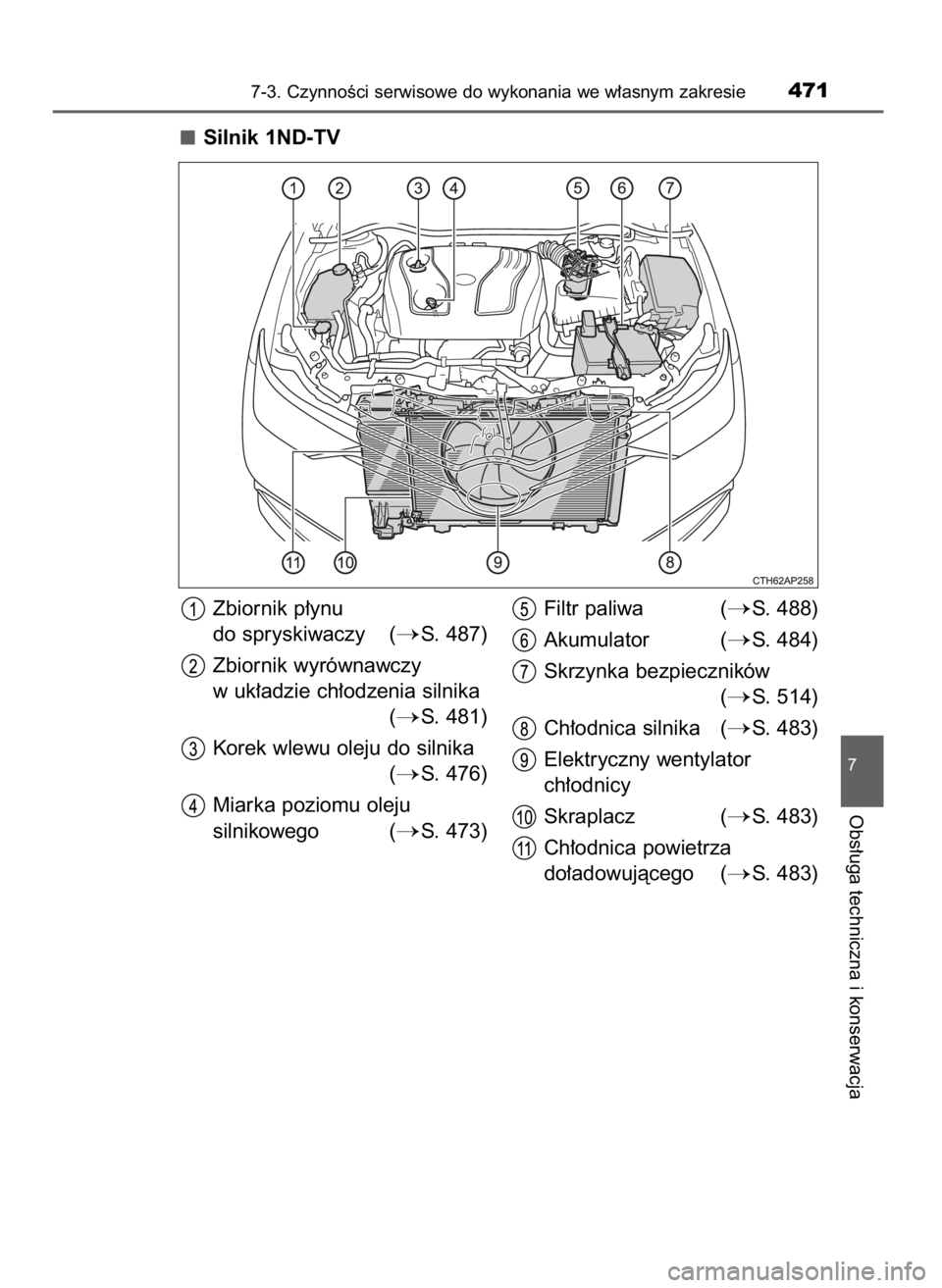 TOYOTA AURIS TOURING SPORTS 2017  Instrukcja obsługi (in Polish) Silnik 1ND-TV
7-3. CzynnoÊci serwisowe do wykonania we w∏asnym zakresie471
7
Obs∏uga techniczna i konserwacja
Zbiornik p∏ynu 
do spryskiwaczy (
S. 487)
Zbiornik wyrównawczy
w uk∏adzie ch∏