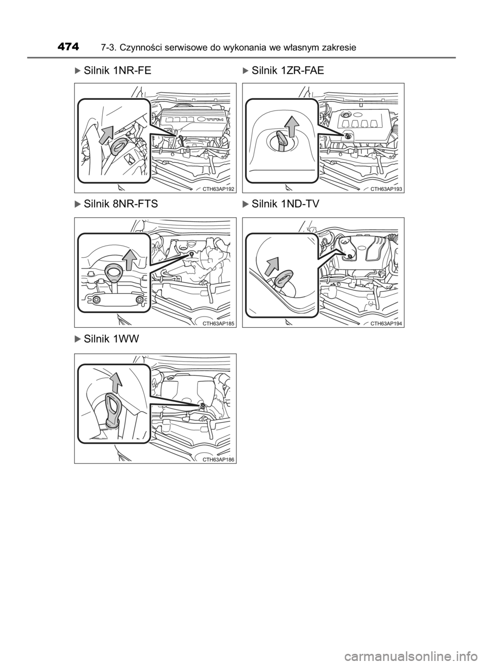 TOYOTA AURIS TOURING SPORTS 2017  Instrukcja obsługi (in Polish) ó Silnik 1NR-FEó Silnik 1ZR-FAE
ó Silnik 8NR-FTSó Silnik 1ND-TV
ó Silnik 1WW
4747-3. CzynnoÊci serwisowe do wykonania we w∏asnym zakresie
7 Auris TS OM12L13E  17/3/17  11:15  Page 474    (Blac