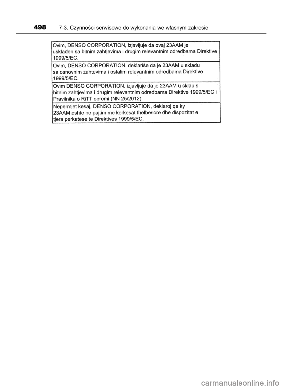 TOYOTA AURIS TOURING SPORTS 2017  Instrukcja obsługi (in Polish) 4987-3. CzynnoÊci serwisowe do wykonania we w∏asnym zakresie
7 Auris TS OM12L13E  17/3/17  11:15  Page 498    (Black plate) 