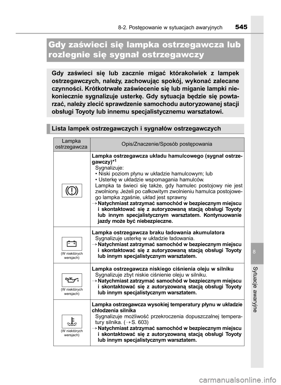 TOYOTA AURIS TOURING SPORTS 2017  Instrukcja obsługi (in Polish) 8-2. Post´powanie w sytuacjach awaryjnych545
8
Sytuacje awaryjne
Lampka ostrzegawcza uk∏adu hamulcowego (sygna∏ ostrze-
gawczy)*1
Sygnalizuje:
• Niski poziom p∏ynu w uk∏adzie hamulcowym; lu