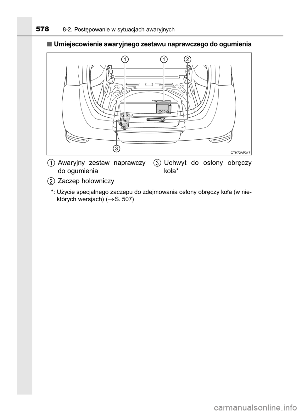 TOYOTA AURIS TOURING SPORTS 2017  Instrukcja obsługi (in Polish) Umiejscowienie awaryjnego zestawu naprawczego do ogumienia
*: U˝ycie specjalnego zaczepu do zdejmowania os∏ony obr´czy ko∏a (w nie-
których wersjach) (
S. 507)
5788-2. Post´powanie w sytuacja
