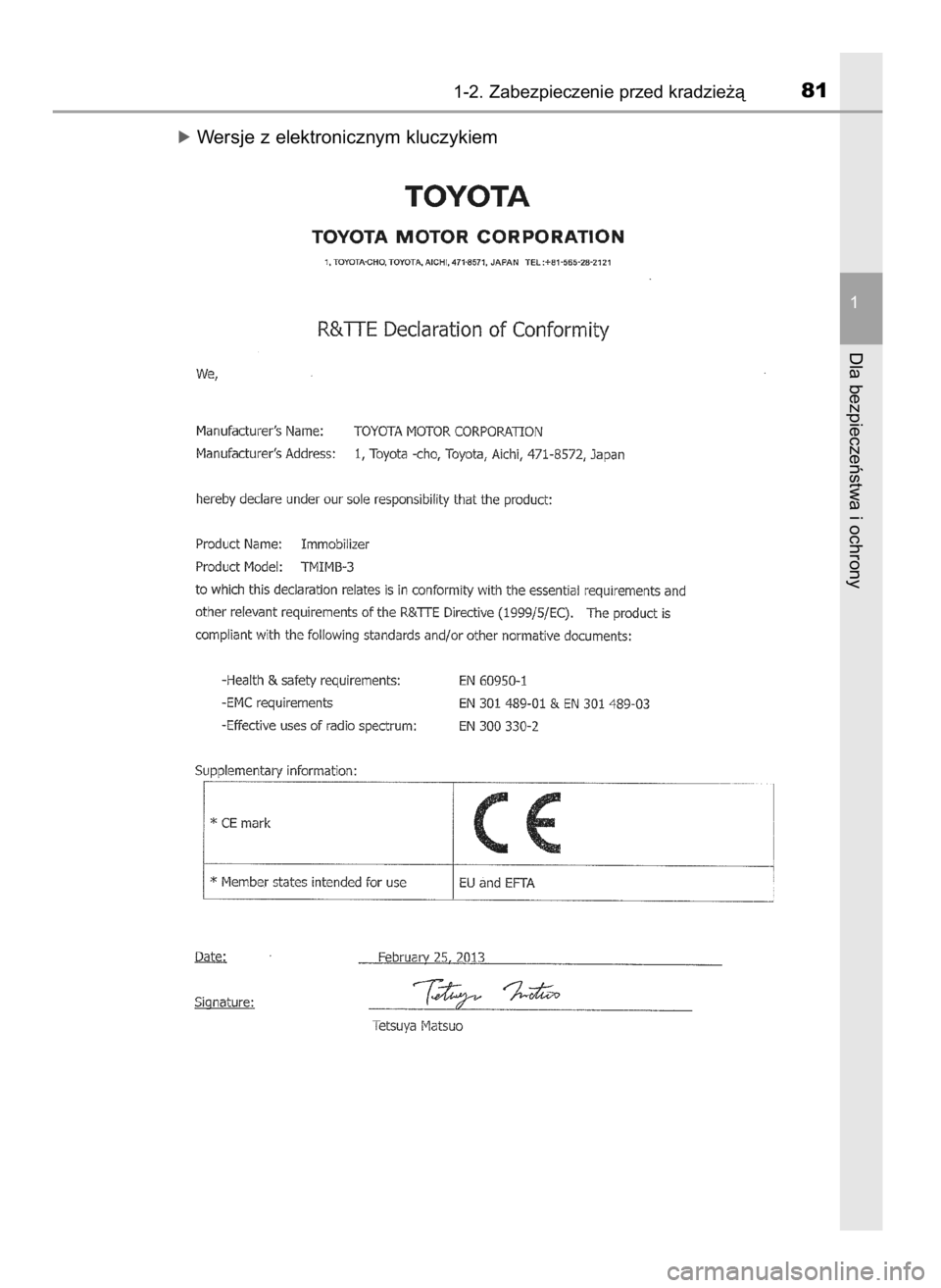 TOYOTA AURIS TOURING SPORTS 2017  Instrukcja obsługi (in Polish) óWersje z elektronicznym kluczykiem
1-2. Zabezpieczenie przed kradzie˝à81
1
Dla bezpieczeƒstwa i ochrony
7 Auris TS OM12L13E  17/3/17  11:13  Page 81    (Black plate) 