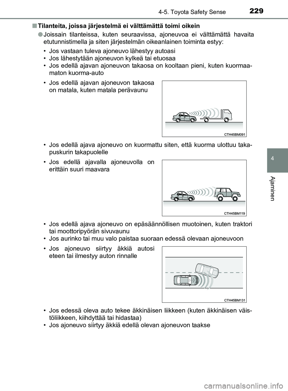 TOYOTA AURIS TOURING SPORTS 2017 Omistajan Käsikirja (in Finnish) 2294-5. Toyota Safety Sense
OM12L13FI
4
Ajaminen
nTilanteita, joissa järjestelmä ei välttämättä toimi oikein
lJoissain tilanteissa, kuten seuraavissa, ajoneuvoa ei välttämättä havaita
etutun TOYOTA AURIS TOURING SPORTS 2017 Omistajan Käsikirja (in Finnish) 2294-5. Toyota Safety Sense
OM12L13FI
4
Ajaminen
nTilanteita, joissa järjestelmä ei välttämättä toimi oikein
lJoissain tilanteissa, kuten seuraavissa, ajoneuvoa ei välttämättä havaita
etutun