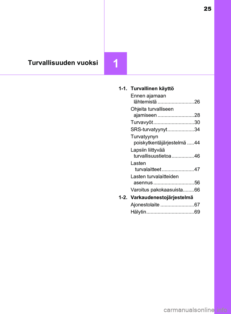 TOYOTA AURIS TOURING SPORTS 2017  Omistajan Käsikirja (in Finnish) 25
1Turvallisuuden vuoksi
OM12L13FI1-1. Turvallinen käyttö
Ennen ajamaan lähtemistä .......................... 26
Ohjeita turvalliseen ajamiseen .......................... 28
Turvavyöt ..........