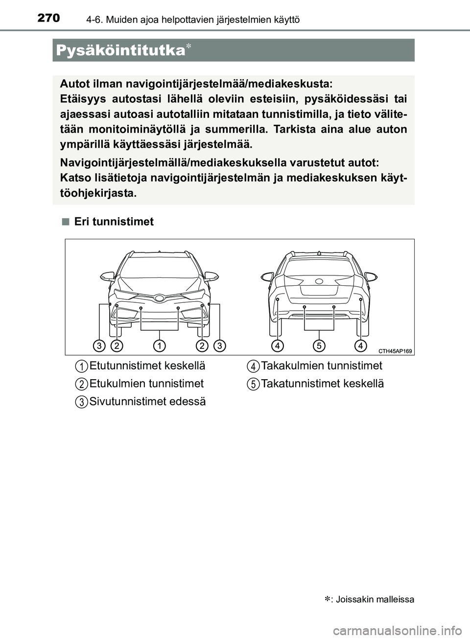 TOYOTA AURIS TOURING SPORTS 2017 Omistajan Käsikirja (in Finnish) 2704-6. Muiden ajoa helpottavien järjestelmien käyttö
OM12L13FIn
Eri tunnistimet
Pysäköintitutka
: Joissakin malleissa
Autot ilman navigointijärjestelmää/mediakeskusta:
Etäisyys autost TOYOTA AURIS TOURING SPORTS 2017 Omistajan Käsikirja (in Finnish) 2704-6. Muiden ajoa helpottavien järjestelmien käyttö
OM12L13FIn
Eri tunnistimet
Pysäköintitutka
: Joissakin malleissa
Autot ilman navigointijärjestelmää/mediakeskusta:
Etäisyys autost