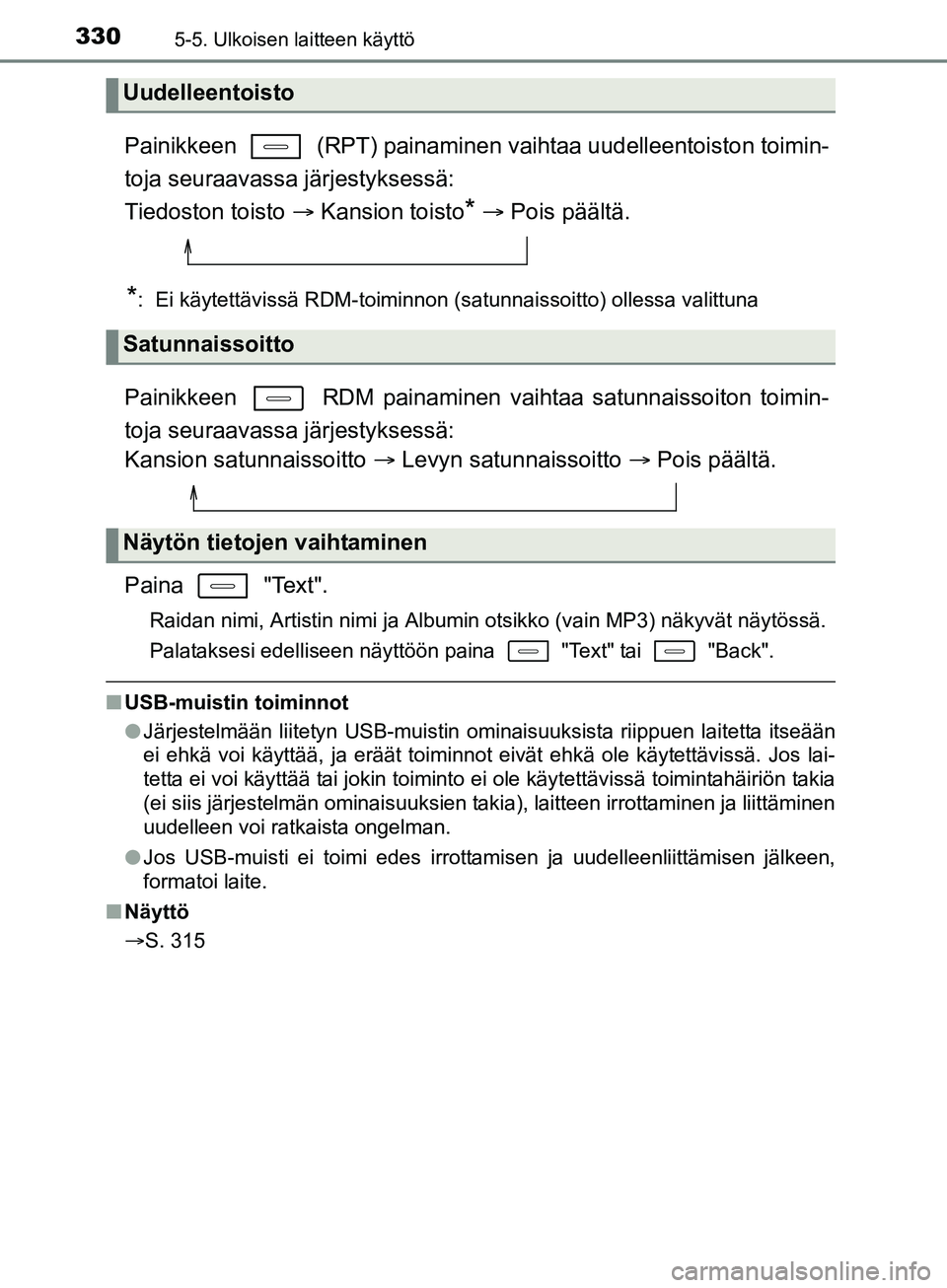 TOYOTA AURIS TOURING SPORTS 2017  Omistajan Käsikirja (in Finnish) 3305-5. Ulkoisen laitteen käyttö
OM12L13FI
Painikkeen   (RPT) painaminen vaihtaa uudelleentoiston toimin-
toja seuraavassa järjestyksessä: 
Tiedoston toisto  Kansion toisto
*   Pois päält