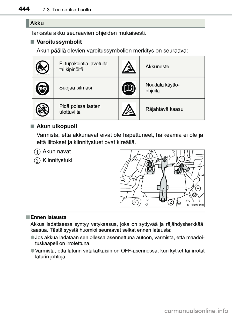 TOYOTA AURIS TOURING SPORTS 2017 Omistajan Käsikirja (in Finnish) 4447-3. Tee-se-itse-huolto
OM12L13FI
Tarkasta akku seuraavien ohjeiden mukaisesti.
nVaroitussymbolit
Akun päällä olevien varoitussymbolien merkitys on seuraava:
nAkun ulkopuoli
Varmista, että akku TOYOTA AURIS TOURING SPORTS 2017 Omistajan Käsikirja (in Finnish) 4447-3. Tee-se-itse-huolto
OM12L13FI
Tarkasta akku seuraavien ohjeiden mukaisesti.
nVaroitussymbolit
Akun päällä olevien varoitussymbolien merkitys on seuraava:
nAkun ulkopuoli
Varmista, että akku