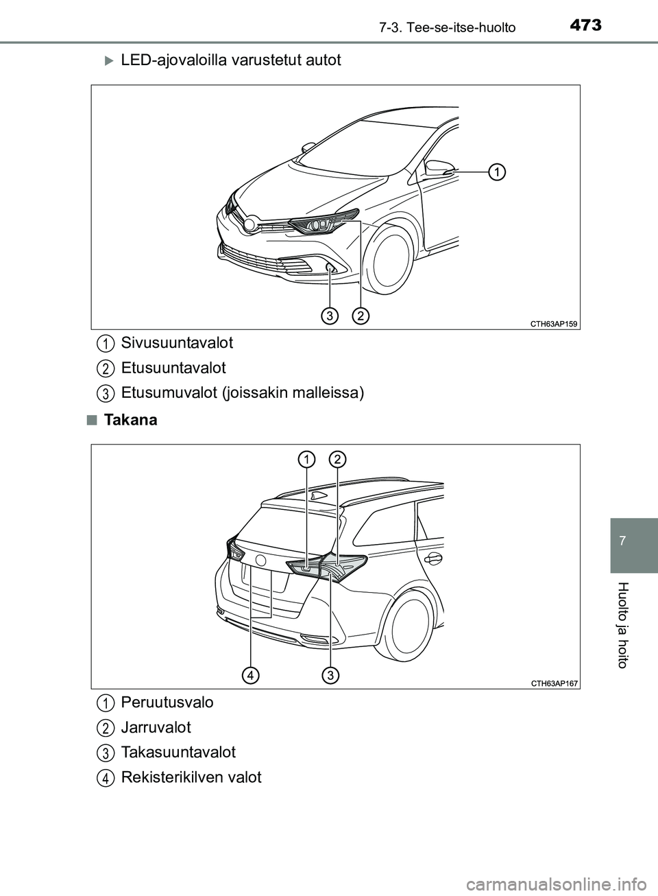 TOYOTA AURIS TOURING SPORTS 2017  Omistajan Käsikirja (in Finnish) 4737-3. Tee-se-itse-huolto
OM12L13FI
7
Huolto ja hoito
LED-ajovaloilla varustetut autot
nTa k a n a
Sivusuuntavalot
Etusuuntavalot
Etusumuvalot (joissakin malleissa)1
2
3
Peruutusvalo
Jarruvalot
Ta