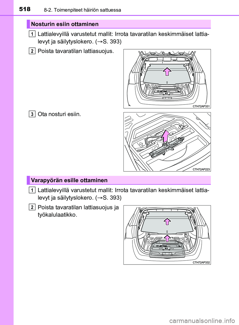 TOYOTA AURIS TOURING SPORTS 2017 Omistajan Käsikirja (in Finnish) 5188-2. Toimenpiteet häiriön sattuessa
OM12L13FI
Lattialevyillä varustetut mallit: Irrota tavaratilan keskimmäiset lattia-
levyt ja säilytyslokero. ( S. 393)
Poista tavaratilan lattiasuojus.
O TOYOTA AURIS TOURING SPORTS 2017 Omistajan Käsikirja (in Finnish) 5188-2. Toimenpiteet häiriön sattuessa
OM12L13FI
Lattialevyillä varustetut mallit: Irrota tavaratilan keskimmäiset lattia-
levyt ja säilytyslokero. ( S. 393)
Poista tavaratilan lattiasuojus.
O