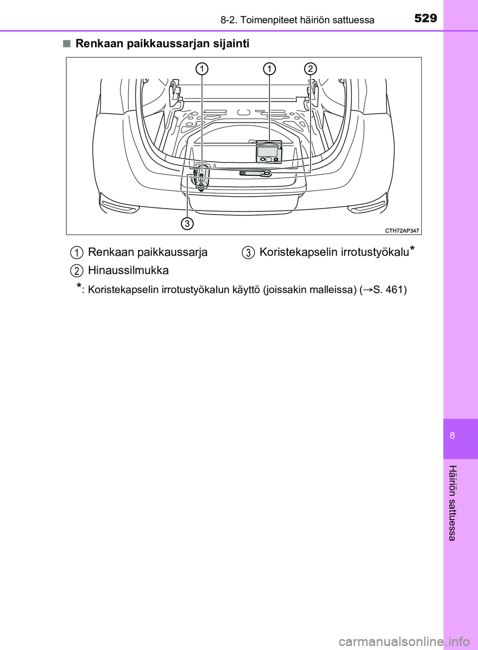 TOYOTA AURIS TOURING SPORTS 2017 Omistajan Käsikirja (in Finnish) 5298-2. Toimenpiteet häiriön sattuessa
OM12L13FI
8
Häiriön sattuessa
nRenkaan paikkaussarjan sijainti
*: Koristekapselin irrotustyökalun käyttö (joissakin malleissa) (S. 461)
Renkaan paikkau TOYOTA AURIS TOURING SPORTS 2017 Omistajan Käsikirja (in Finnish) 5298-2. Toimenpiteet häiriön sattuessa
OM12L13FI
8
Häiriön sattuessa
nRenkaan paikkaussarjan sijainti
*: Koristekapselin irrotustyökalun käyttö (joissakin malleissa) (S. 461)
Renkaan paikkau