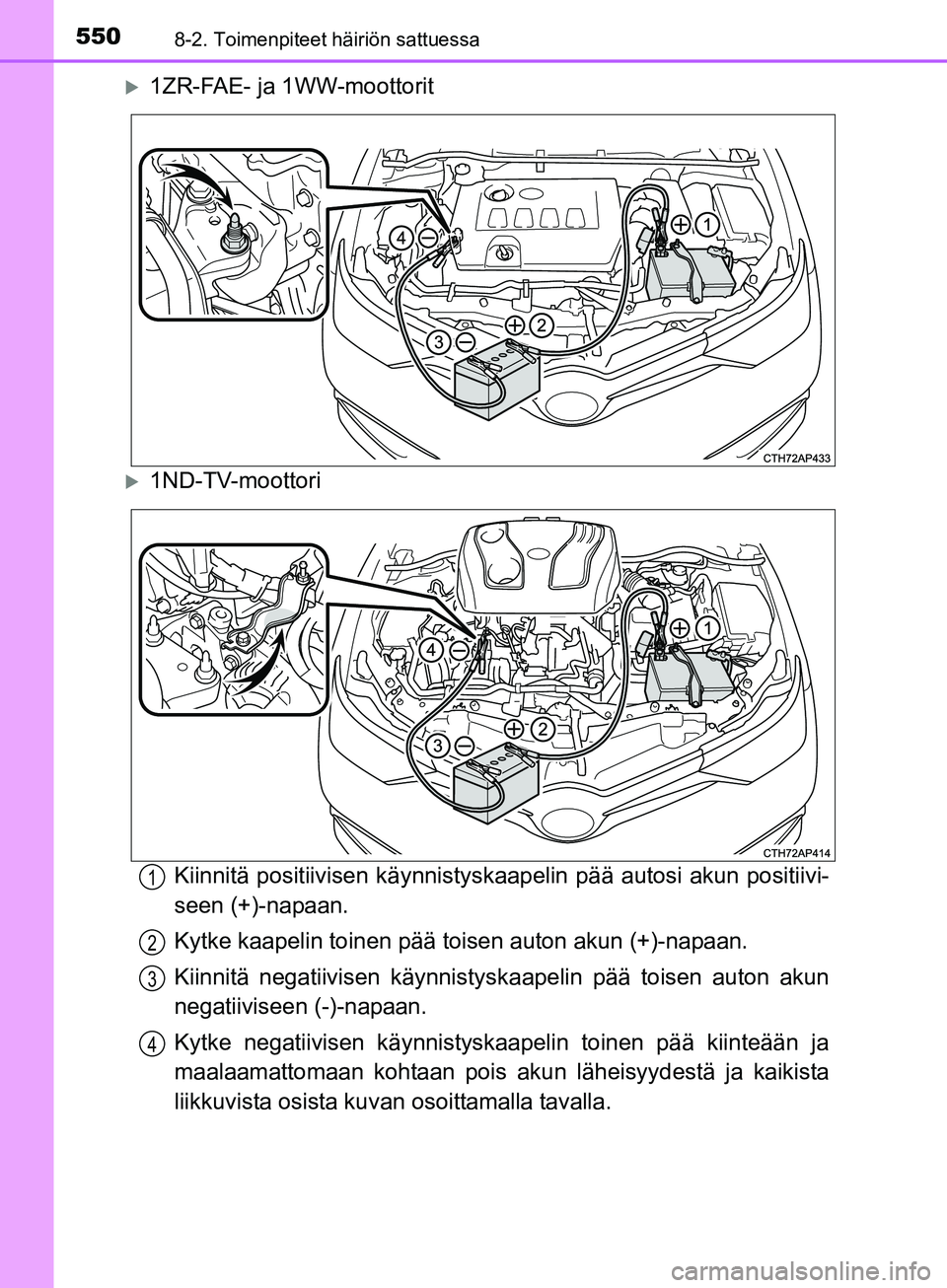 TOYOTA AURIS TOURING SPORTS 2017 Omistajan Käsikirja (in Finnish) 5508-2. Toimenpiteet häiriön sattuessa
OM12L13FI
1ZR-FAE- ja 1WW-moottorit
1ND-TV-moottoriKiinnitä positiivisen kä ynnistyskaapelin pää autosi akun positiivi-
seen (+)-napaan.
Kytke kaapel TOYOTA AURIS TOURING SPORTS 2017 Omistajan Käsikirja (in Finnish) 5508-2. Toimenpiteet häiriön sattuessa
OM12L13FI
1ZR-FAE- ja 1WW-moottorit
1ND-TV-moottoriKiinnitä positiivisen kä ynnistyskaapelin pää autosi akun positiivi-
seen (+)-napaan.
Kytke kaapel