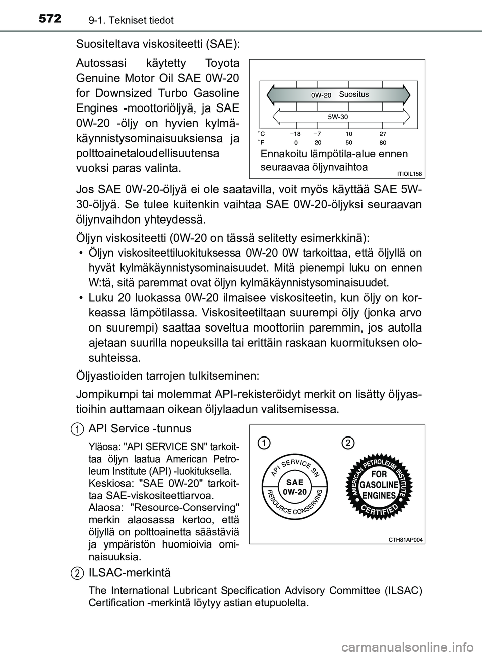 TOYOTA AURIS TOURING SPORTS 2017 Omistajan Käsikirja (in Finnish) 5729-1. Tekniset tiedot
OM12L13FI
Suositeltava viskositeetti (SAE):
Autossasi käytetty Toyota
Genuine Motor Oil SAE 0W-20
for Downsized Turbo Gasoline
Engines -moottoriöljyä, ja SAE
0W-20 -öljy on TOYOTA AURIS TOURING SPORTS 2017 Omistajan Käsikirja (in Finnish) 5729-1. Tekniset tiedot
OM12L13FI
Suositeltava viskositeetti (SAE):
Autossasi käytetty Toyota
Genuine Motor Oil SAE 0W-20
for Downsized Turbo Gasoline
Engines -moottoriöljyä, ja SAE
0W-20 -öljy on