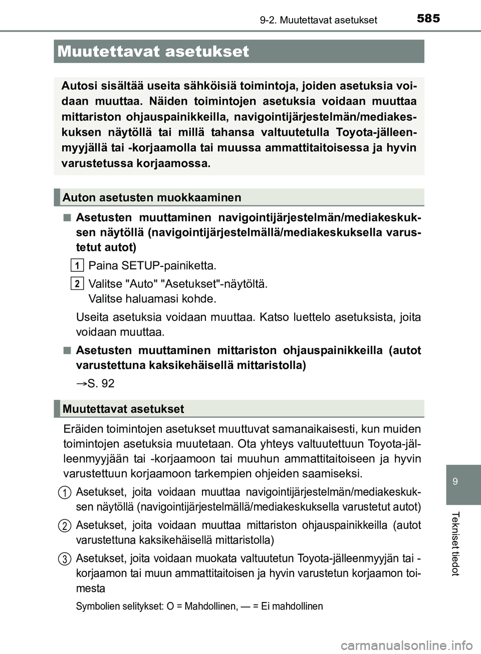 TOYOTA AURIS TOURING SPORTS 2017 Omistajan Käsikirja (in Finnish) 585
OM12L13FI
9
Tekniset tiedot
9-2. Muutettavat asetukset
nAsetusten muuttaminen navigointijärjestelmän/mediakeskuk-
sen näytöllä (navigointijärjestelmällä/mediakeskuksella varus-
tetut autot TOYOTA AURIS TOURING SPORTS 2017 Omistajan Käsikirja (in Finnish) 585
OM12L13FI
9
Tekniset tiedot
9-2. Muutettavat asetukset
nAsetusten muuttaminen navigointijärjestelmän/mediakeskuk-
sen näytöllä (navigointijärjestelmällä/mediakeskuksella varus-
tetut autot