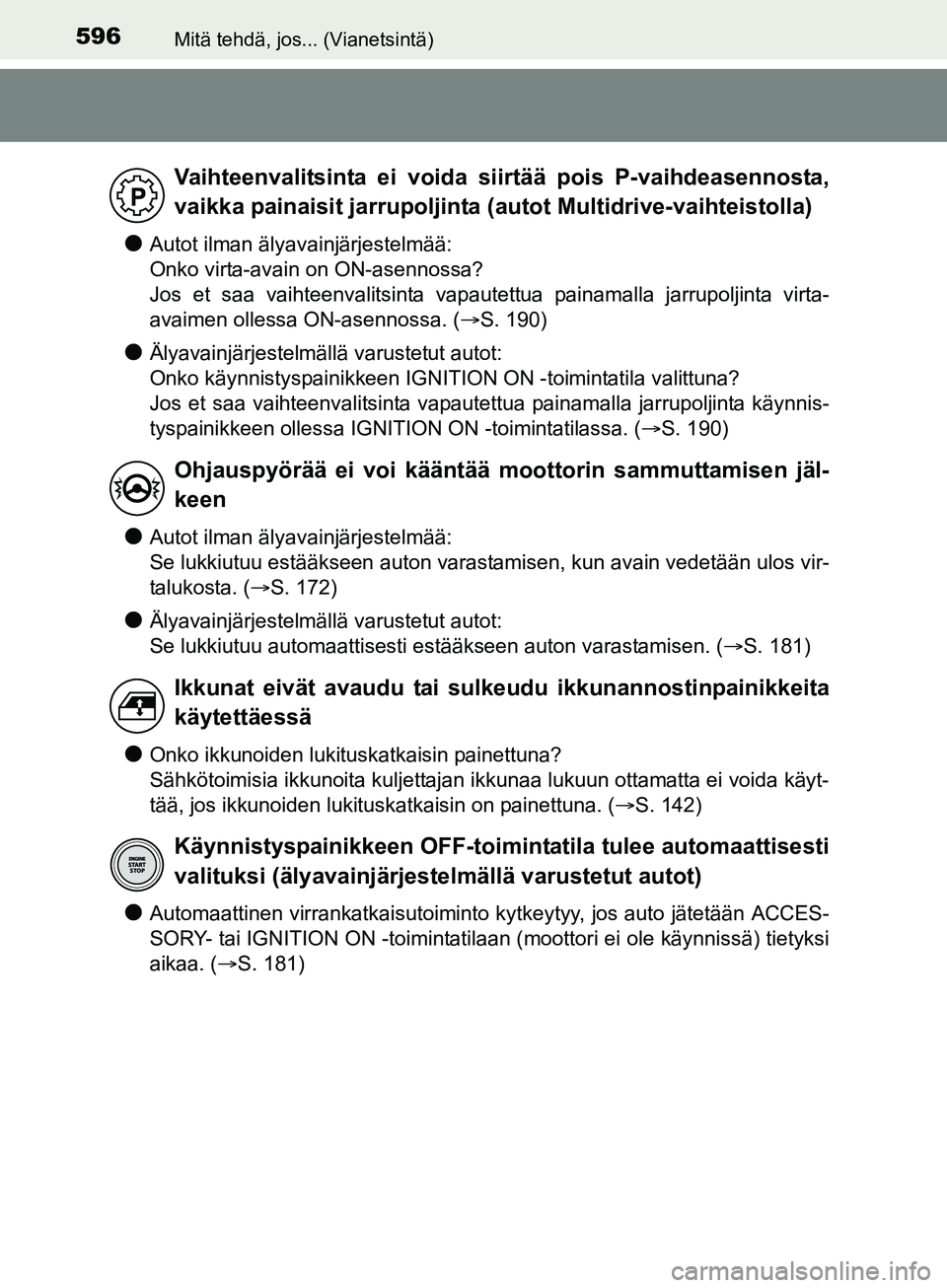 TOYOTA AURIS TOURING SPORTS 2017 Omistajan Käsikirja (in Finnish) 596Mitä tehdä, jos... (Vianetsintä)
OM12L13FI
lAutot ilman älyavainjärjestelmää:
Onko virta-avain on ON-asennossa?
Jos et saa vaihteenvalitsinta vapautettua painamalla jarrupoljinta virta-
ava TOYOTA AURIS TOURING SPORTS 2017 Omistajan Käsikirja (in Finnish) 596Mitä tehdä, jos... (Vianetsintä)
OM12L13FI
lAutot ilman älyavainjärjestelmää:
Onko virta-avain on ON-asennossa?
Jos et saa vaihteenvalitsinta vapautettua painamalla jarrupoljinta virta-
ava