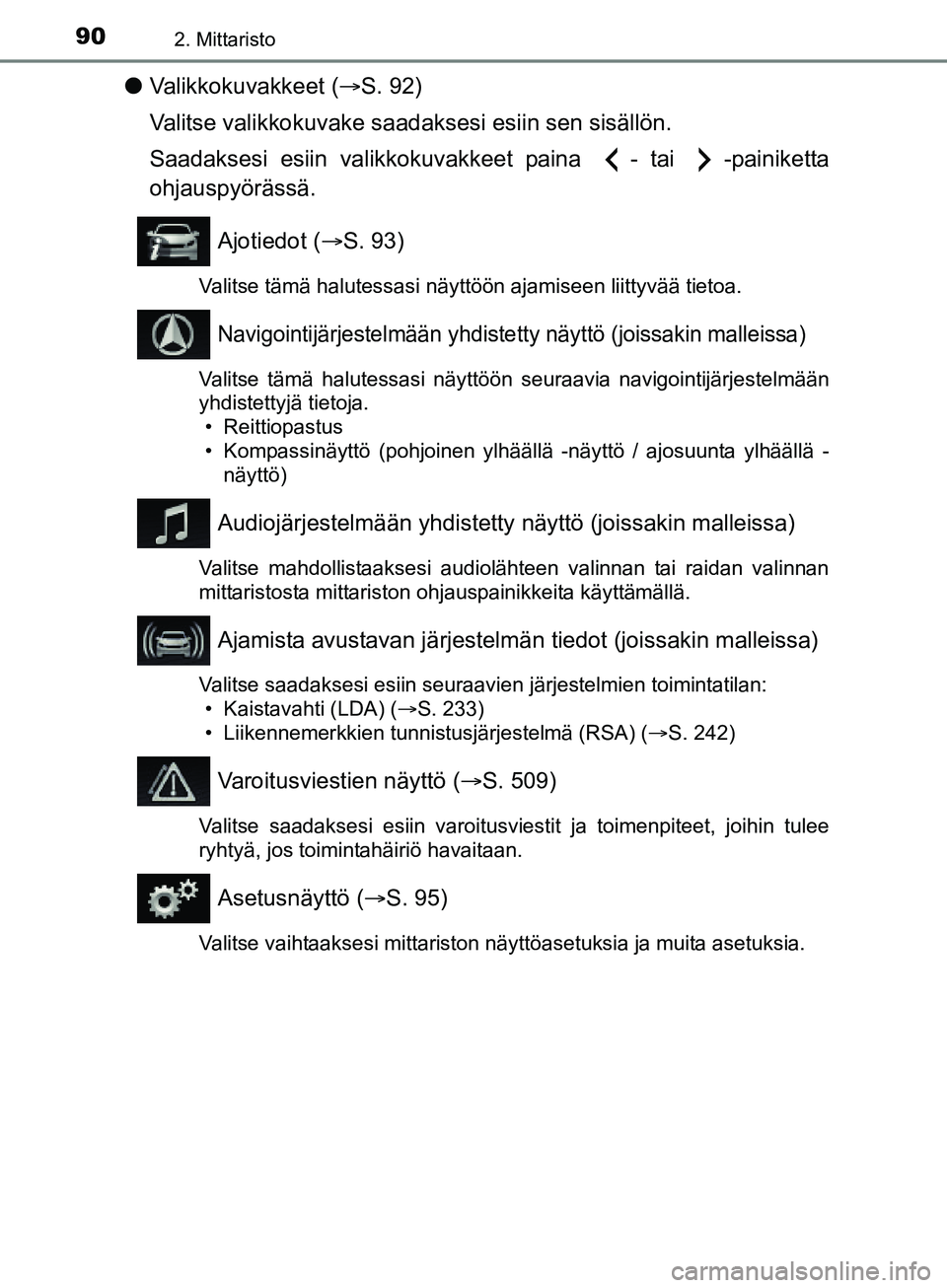 TOYOTA AURIS TOURING SPORTS 2017 Omistajan Käsikirja (in Finnish) 902. Mittaristo
OM12L13FI
lValikkokuvakkeet ( S. 92)
Valitse valikkokuvake saad aksesi esiin sen sisällön.
Saadaksesi esiin valikkokuvakkeet paina - tai -painiketta
ohjauspyörässä.
Ajotiedot TOYOTA AURIS TOURING SPORTS 2017 Omistajan Käsikirja (in Finnish) 902. Mittaristo
OM12L13FI
lValikkokuvakkeet ( S. 92)
Valitse valikkokuvake saad aksesi esiin sen sisällön.
Saadaksesi esiin valikkokuvakkeet paina - tai -painiketta
ohjauspyörässä.
Ajotiedot