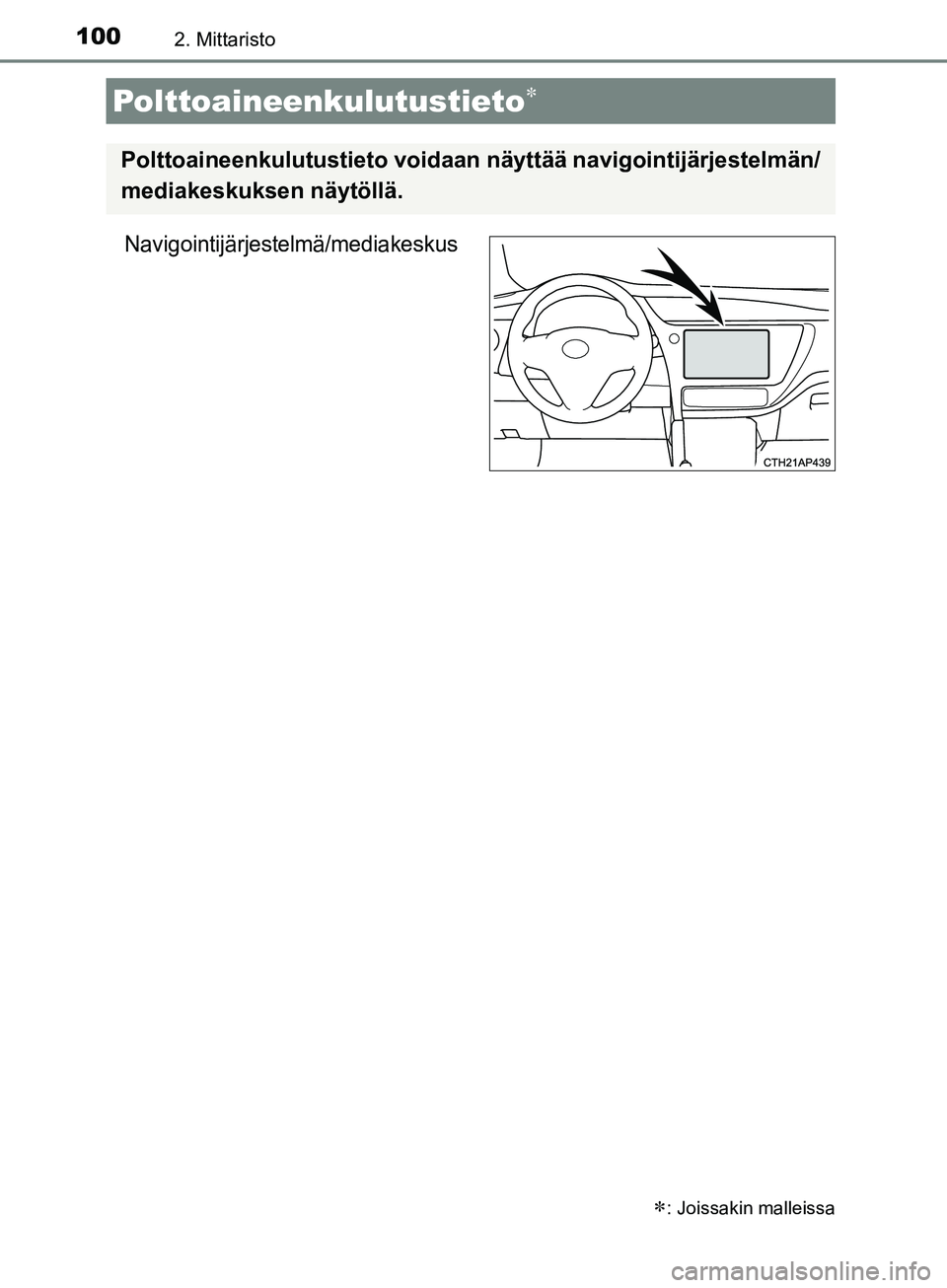 TOYOTA AURIS TOURING SPORTS 2017 Omistajan Käsikirja (in Finnish) 1002. Mittaristo
OM12L13FI
Navigointijärjestelmä/mediakeskus
Polttoaineenkulutustieto
: Joissakin malleissa
Polttoaineenkulutustieto voidaan näyttää navigointijärjestelmän/
mediakeskuksen TOYOTA AURIS TOURING SPORTS 2017 Omistajan Käsikirja (in Finnish) 1002. Mittaristo
OM12L13FI
Navigointijärjestelmä/mediakeskus
Polttoaineenkulutustieto
: Joissakin malleissa
Polttoaineenkulutustieto voidaan näyttää navigointijärjestelmän/
mediakeskuksen