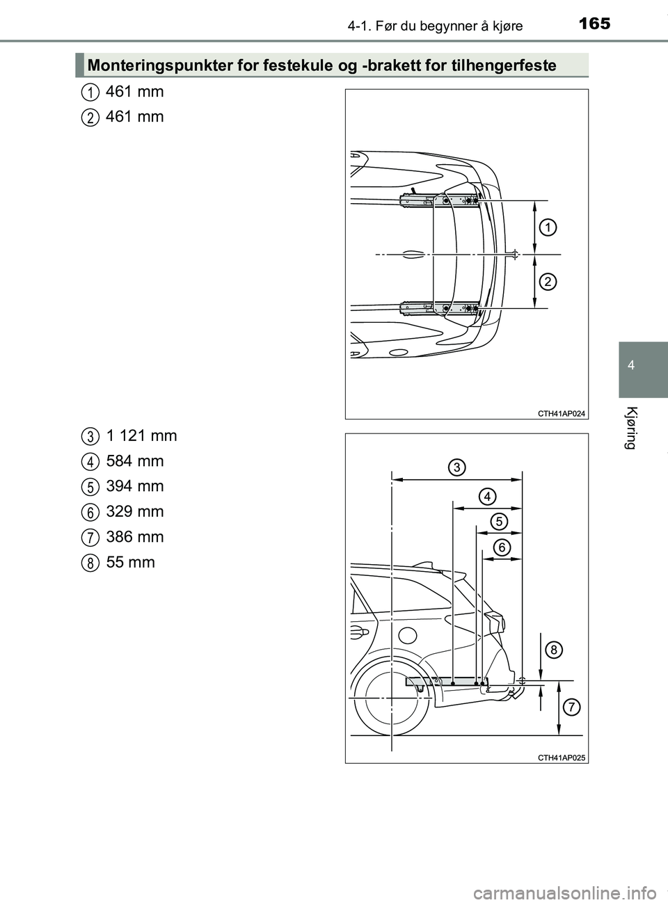 TOYOTA AURIS TOURING SPORTS 2016  Instruksjoner for bruk (in Norwegian) 1654-1. Før du begynner å kjøre
AURIS Touring Sports (OM12L13NO)
4
Kjøring
461 mm
461 mm
1 121 mm
584 mm
394 mm
329 mm
386 mm
55 mm
Monteringspunkter for festekule og -brakett for tilhengerfeste
1
