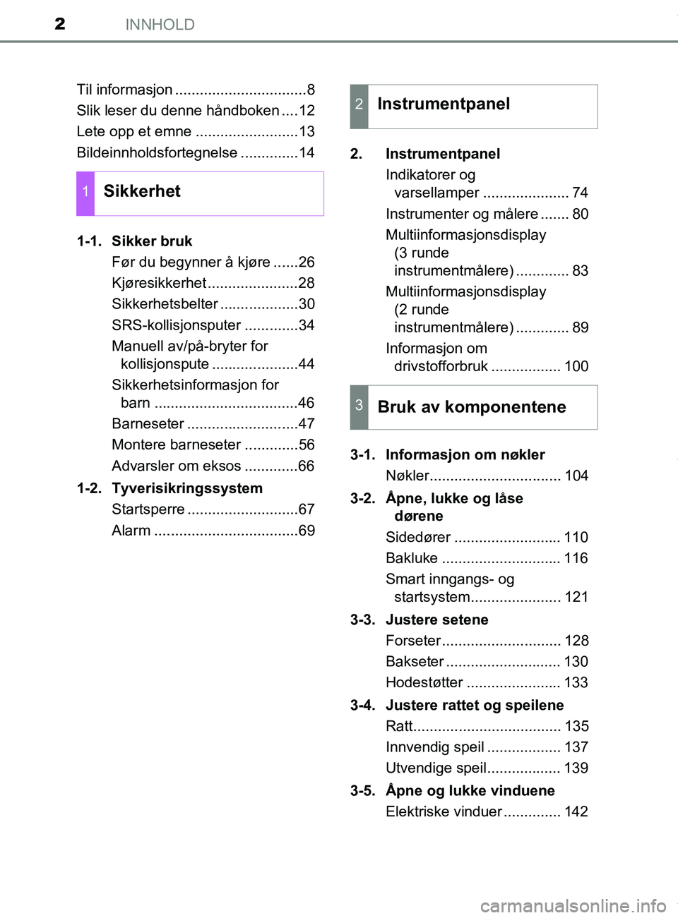 TOYOTA AURIS TOURING SPORTS 2016  Instruksjoner for bruk (in Norwegian) INNHOLD2
AURIS Touring Sports (OM12L13NO)Til informasjon ................................8
Slik leser du denne håndboken ....12
Lete opp et emne .........................13
Bildeinnholdsfortegnelse .