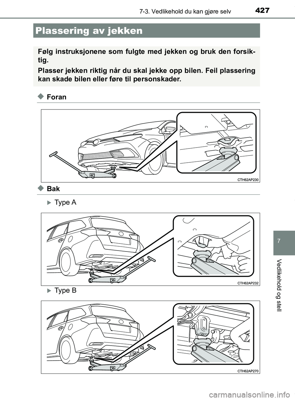TOYOTA AURIS TOURING SPORTS 2016 Instruksjoner for bruk (in Norwegian) 4277-3. Vedlikehold du kan gjøre selv
AURIS Touring Sports (OM12L13NO)
7
Vedlikehold og stell
uForan
uBak
Type A
Type B
Plassering av jekken
Følg instruksjonene som fulgte med jekken og bruk d TOYOTA AURIS TOURING SPORTS 2016 Instruksjoner for bruk (in Norwegian) 4277-3. Vedlikehold du kan gjøre selv
AURIS Touring Sports (OM12L13NO)
7
Vedlikehold og stell
uForan
uBak
Type A
Type B
Plassering av jekken
Følg instruksjonene som fulgte med jekken og bruk d