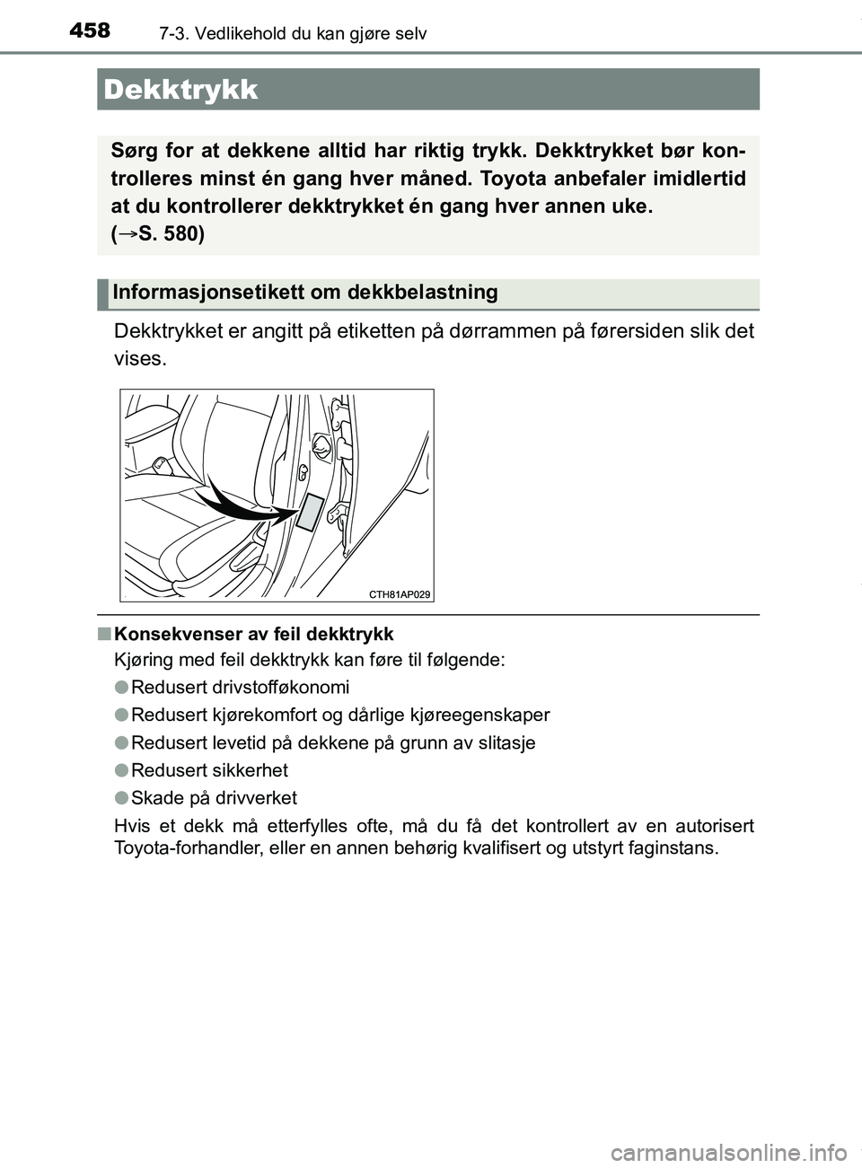 TOYOTA AURIS TOURING SPORTS 2016 Instruksjoner for bruk (in Norwegian) 4587-3. Vedlikehold du kan gjøre selv
AURIS Touring Sports (OM12L13NO)
Dekktrykket er angitt på etiketten på dørrammen på førersiden slik det
vises.
nKonsekvenser av feil dekktrykk
Kjøring med TOYOTA AURIS TOURING SPORTS 2016 Instruksjoner for bruk (in Norwegian) 4587-3. Vedlikehold du kan gjøre selv
AURIS Touring Sports (OM12L13NO)
Dekktrykket er angitt på etiketten på dørrammen på førersiden slik det
vises.
nKonsekvenser av feil dekktrykk
Kjøring med