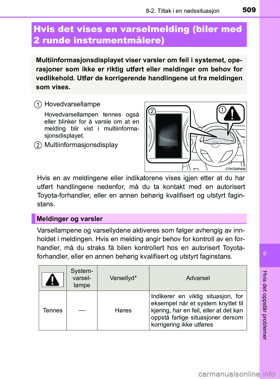 TOYOTA AURIS TOURING SPORTS 2016  Instruksjoner for bruk (in Norwegian) 5098-2. Tiltak i en nødssituasjon
AURIS Touring Sports (OM12L13NO)
8
Hvis det oppstår problemer
Hovedvarsellampe
Hovedvarsellampen tennes også
eller blinker for å varsle om at en
melding blir vist